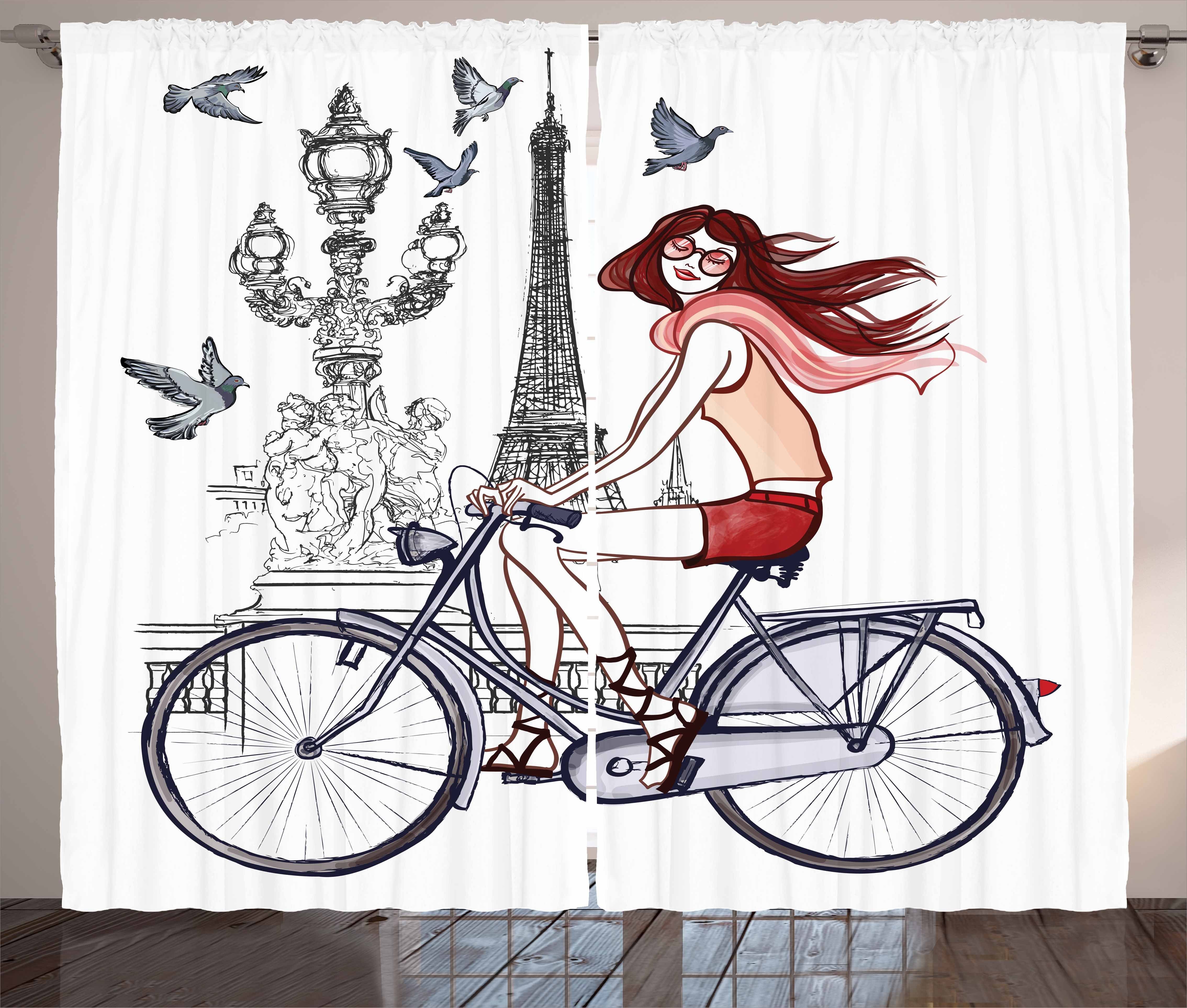 Gardine Schlafzimmer Kräuselband Vorhang mit Schlaufen und Haken, Abakuhaus, Paris Frau auf dem Fahrrad Eiffel