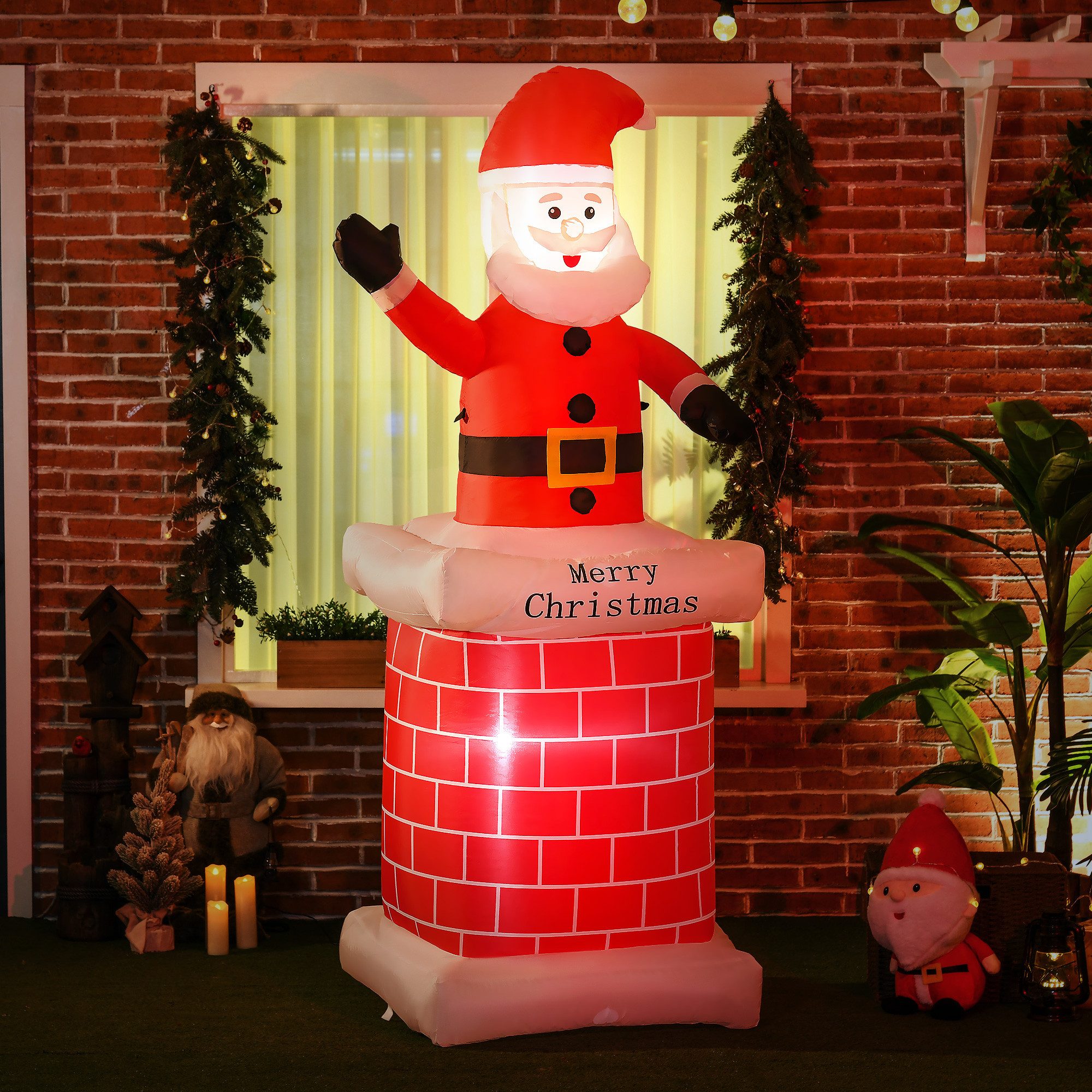 HOMCOM Weihnachtsfigur Weihnachtsdeko mit Schornstein beleuchtet Nikolaus mit LED Licht (aufblasbarer Weihnachtsmann, 1 St., Weihnachtsdekorationen), Mehrfarbig 80 x 70 x 210 cm