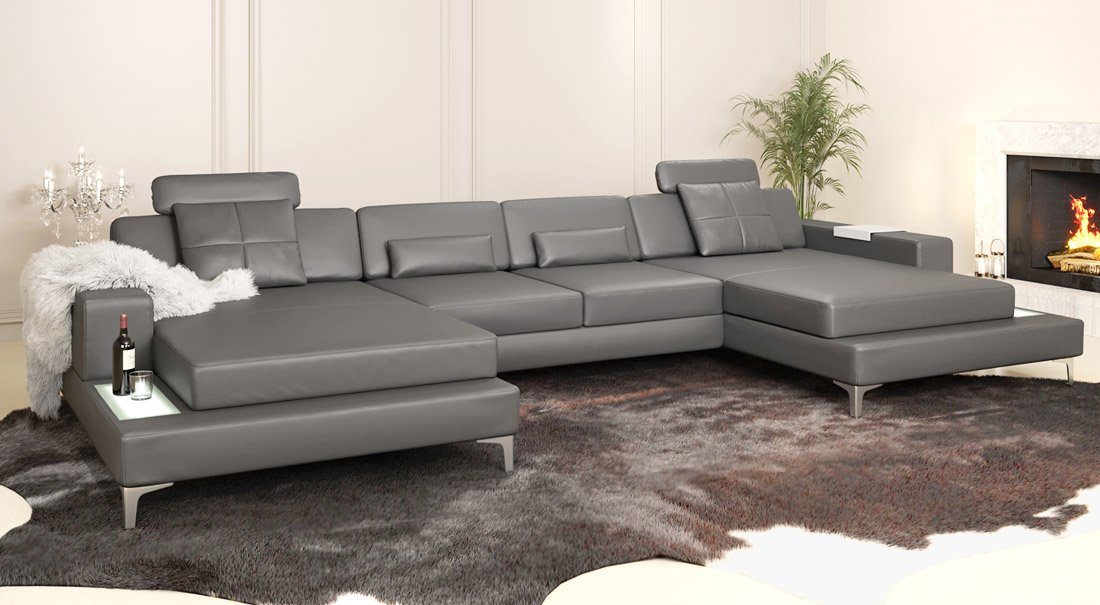 BULLHOFF Wohnlandschaft Wohnlandschaft Grün Eckcouch Weiss Leder Designsofa XXL »MÜNCHEN« U-Form Leder BULLHOFF Sofa Couch Grau LED von Ecksofa