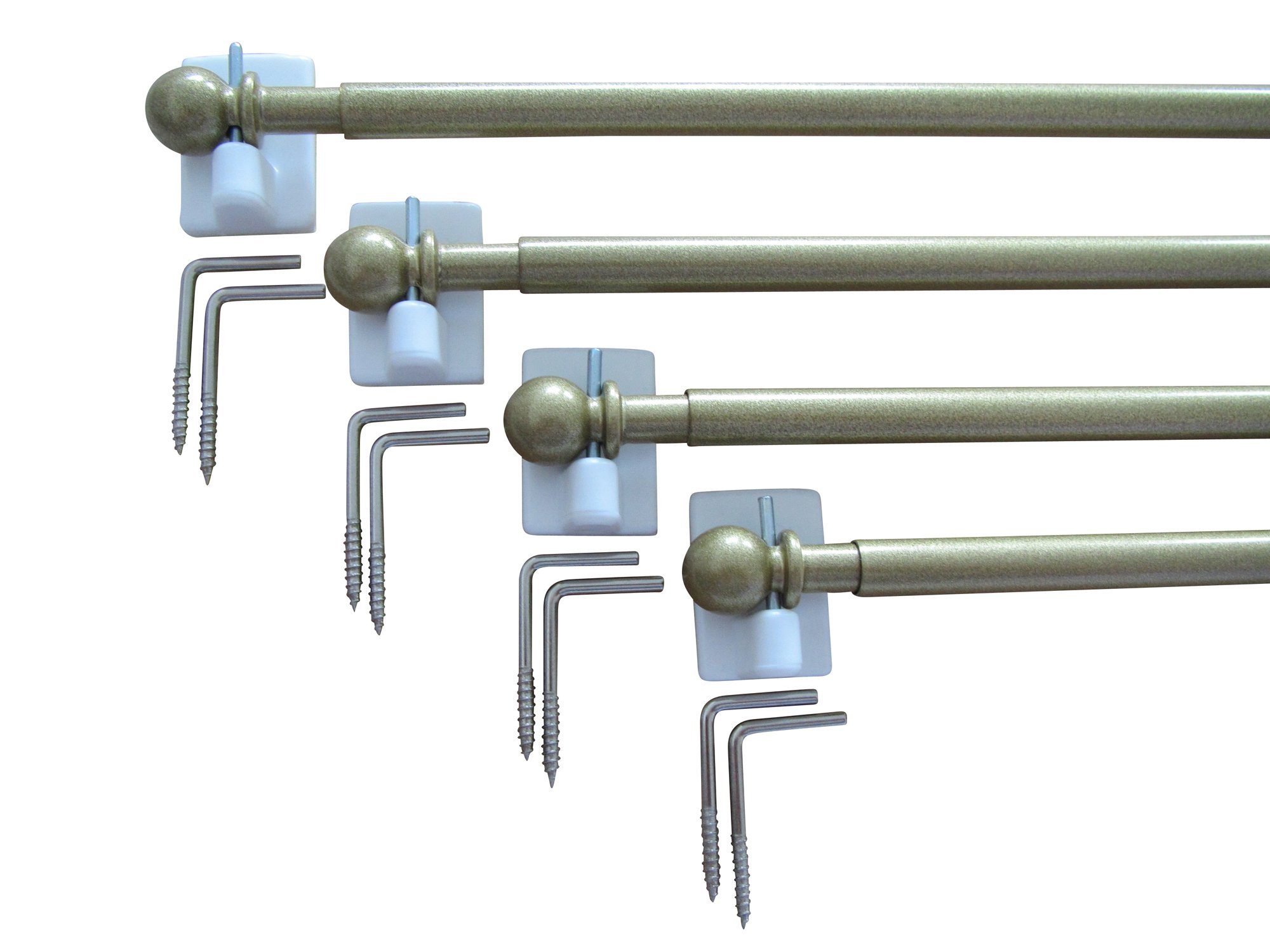 rewagi Vitragenstange 4 Vitragenstangen mit 8 Klebehaken & 8 Metallhaken, ausziehbar, geklebt, Verschraubt, Ø 8 mm, Farbe Messing, Länge: 30-40cm, 40-60cm, 60-90 cm, 90- 130 cm