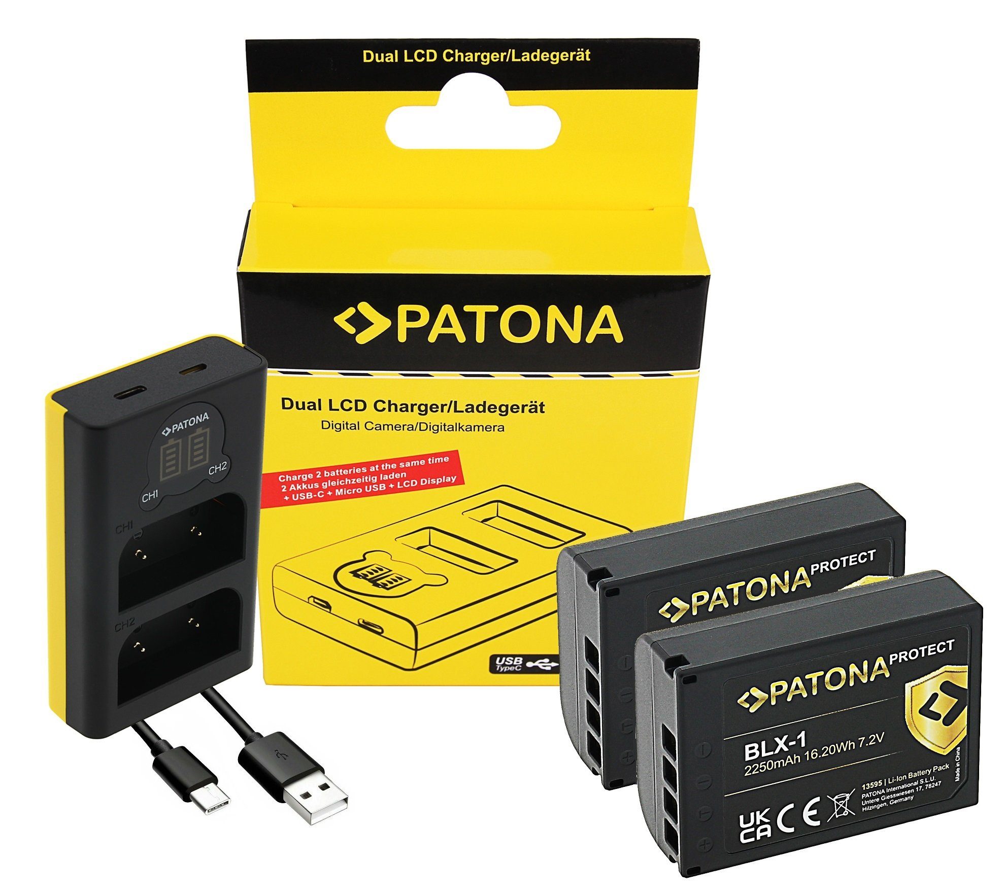 Patona 3in1 Zubehör Set für die Olympus OM-1 Kamera-Akku BLX-1 2250 mAh, Dual Ladegerät mit USB-C Anschluss