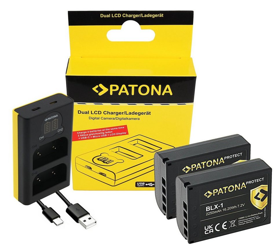 Patona 3in1 Zubehör Set für die Olympus OM-1 Kamera-Akku BLX-1 2250 mAh,  Dual Ladegerät mit USB-C Anschluss