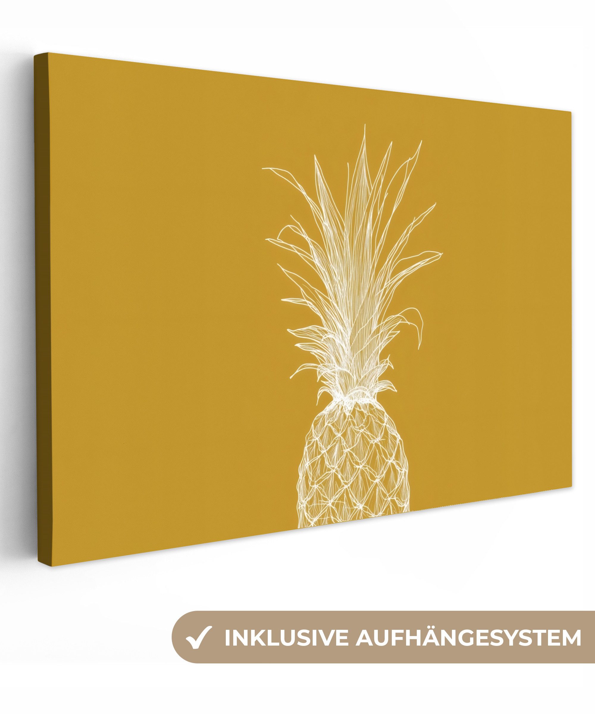 Leinwandbild Strich-Illustration - Ananas - Blattkrone - Ockergelb