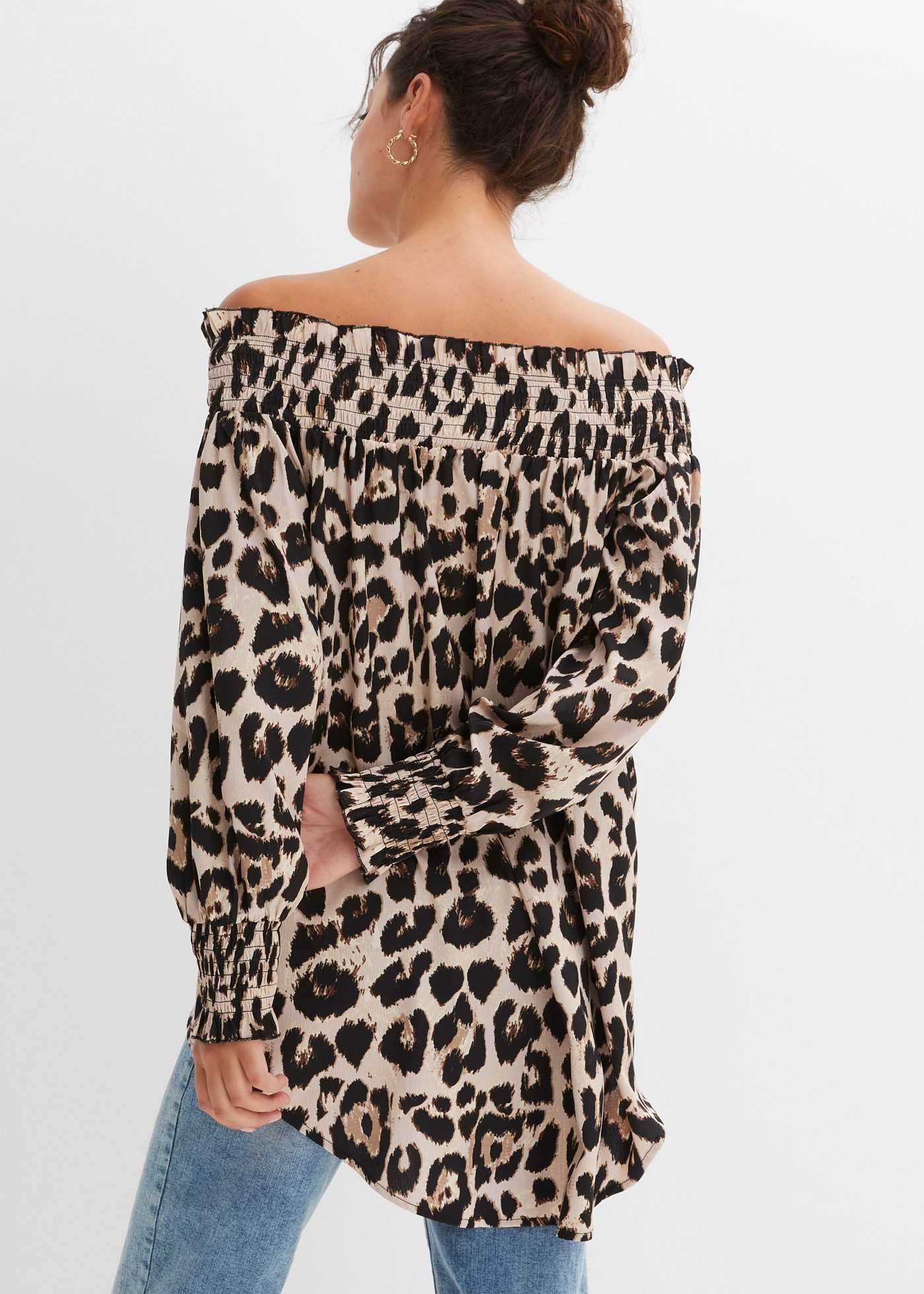 bonprix Longbluse Oversize-Passform, Vokuhila-Schnitt, mit Rüschen, aus Polyester