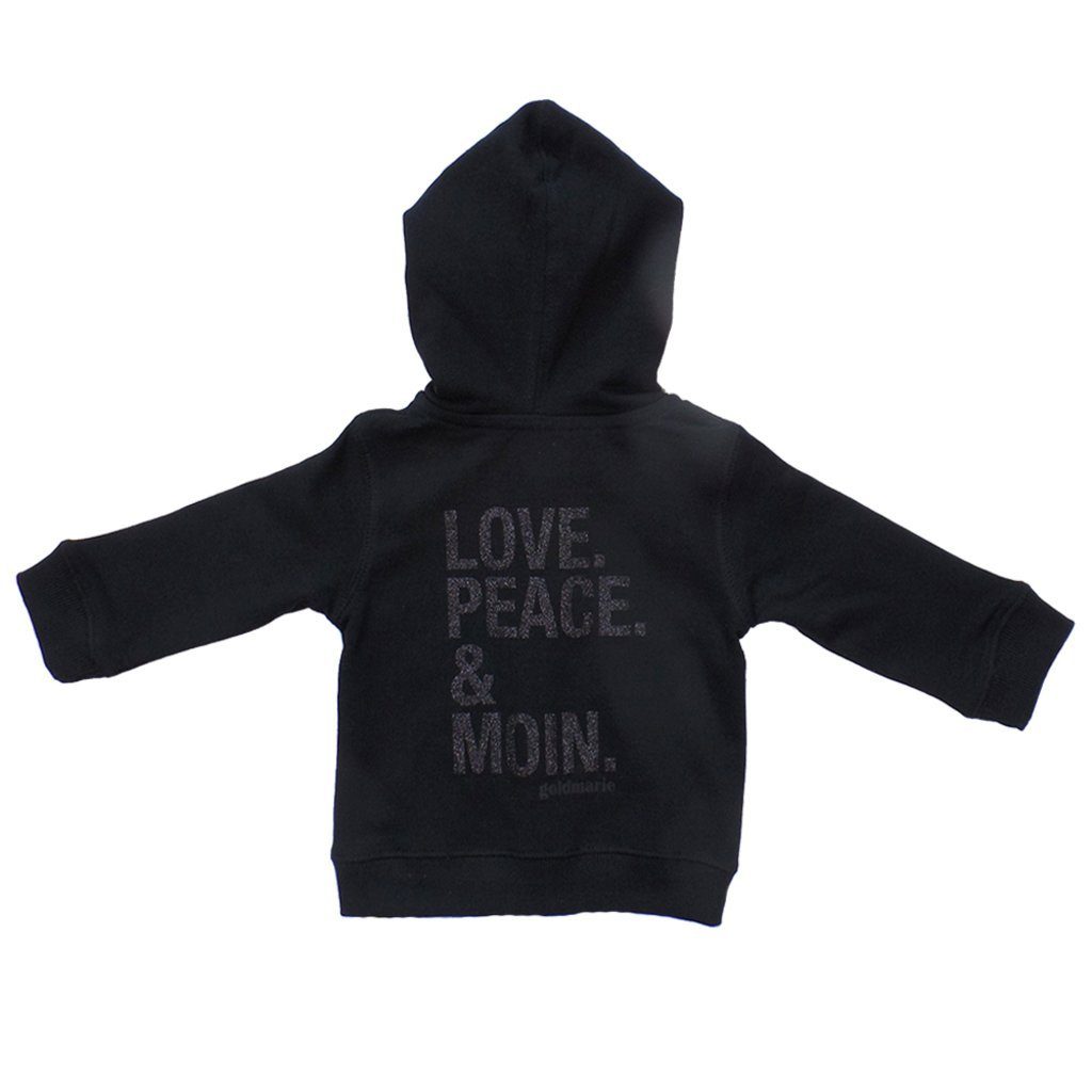 goldmarie Kapuzensweatjacke LOVE Babys PEACE schwarz reine Glitzer MOIN Baumwolle für