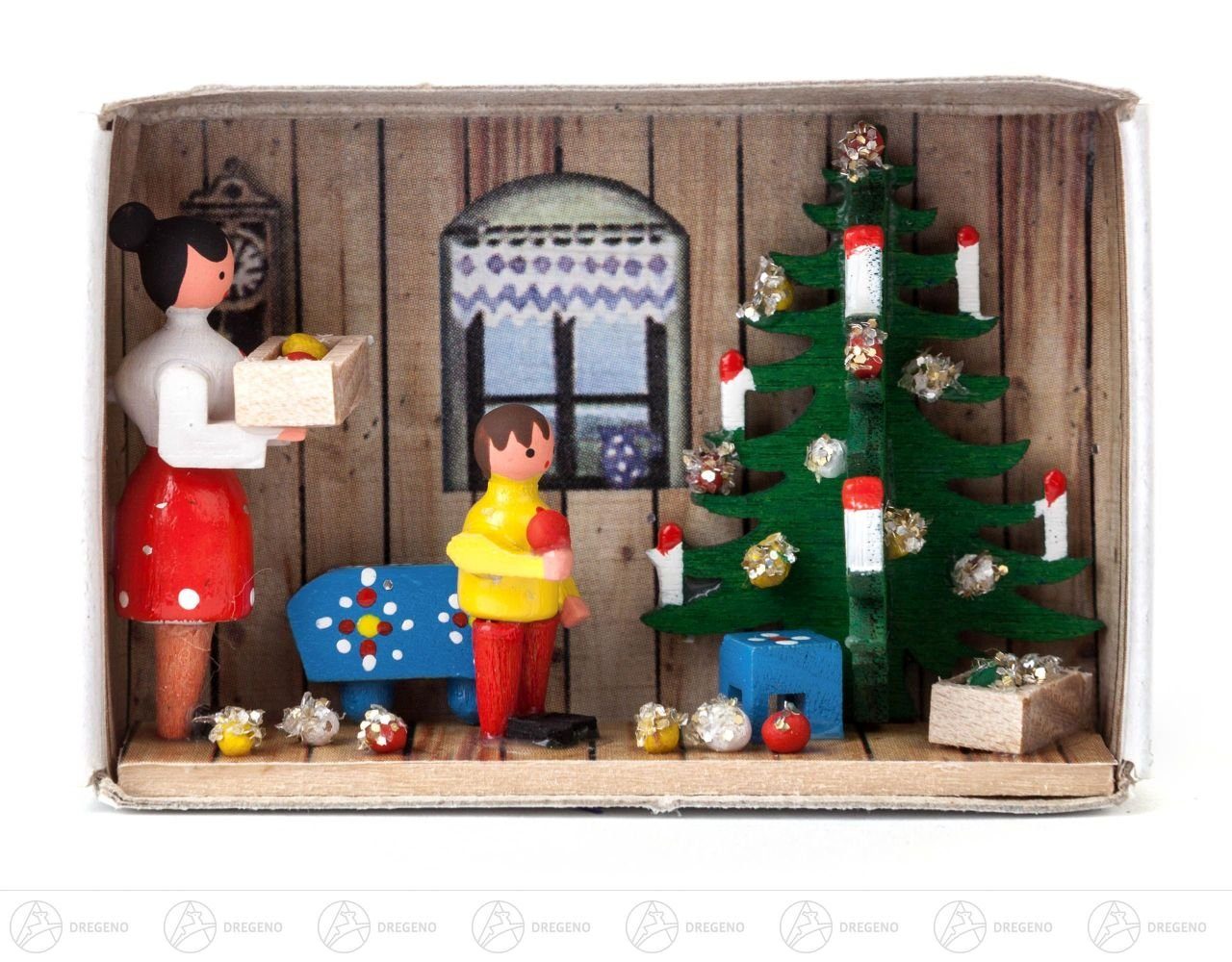 Dregeno Erzgebirge Weihnachtsfigur Miniatur Zündholzschachtel Vorfreude auf Breite x Höhe ca 5,5 cmx4, für Setzkasten | Dekofiguren