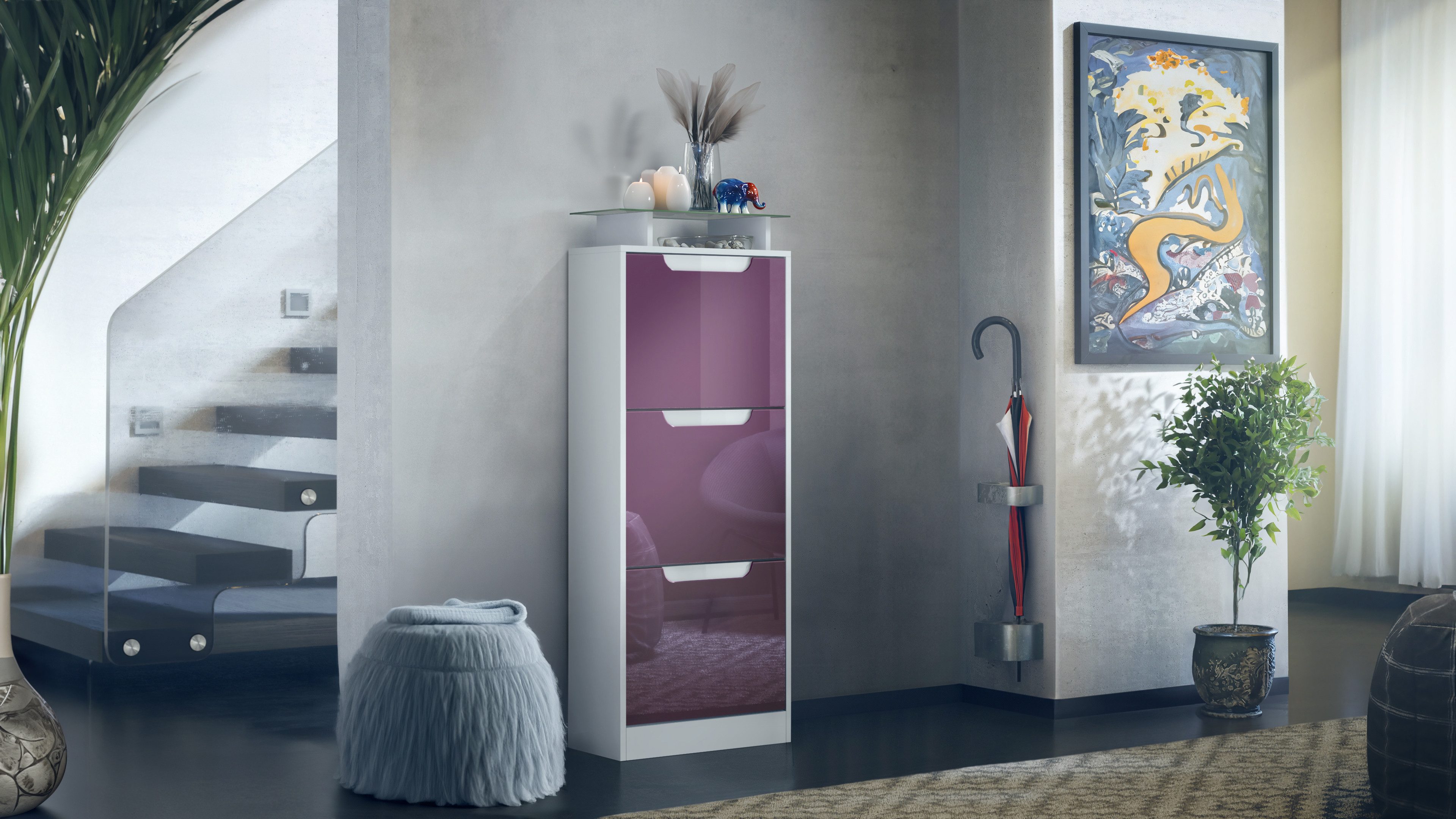 Vladon Schuhschrank Space V2 (Schuhkipper, für 12 Paar Schuhe mit 3 Klappen und Glasablage) Weiß matt/Brombeer Hochglanz (46 x 128 x 23 cm)