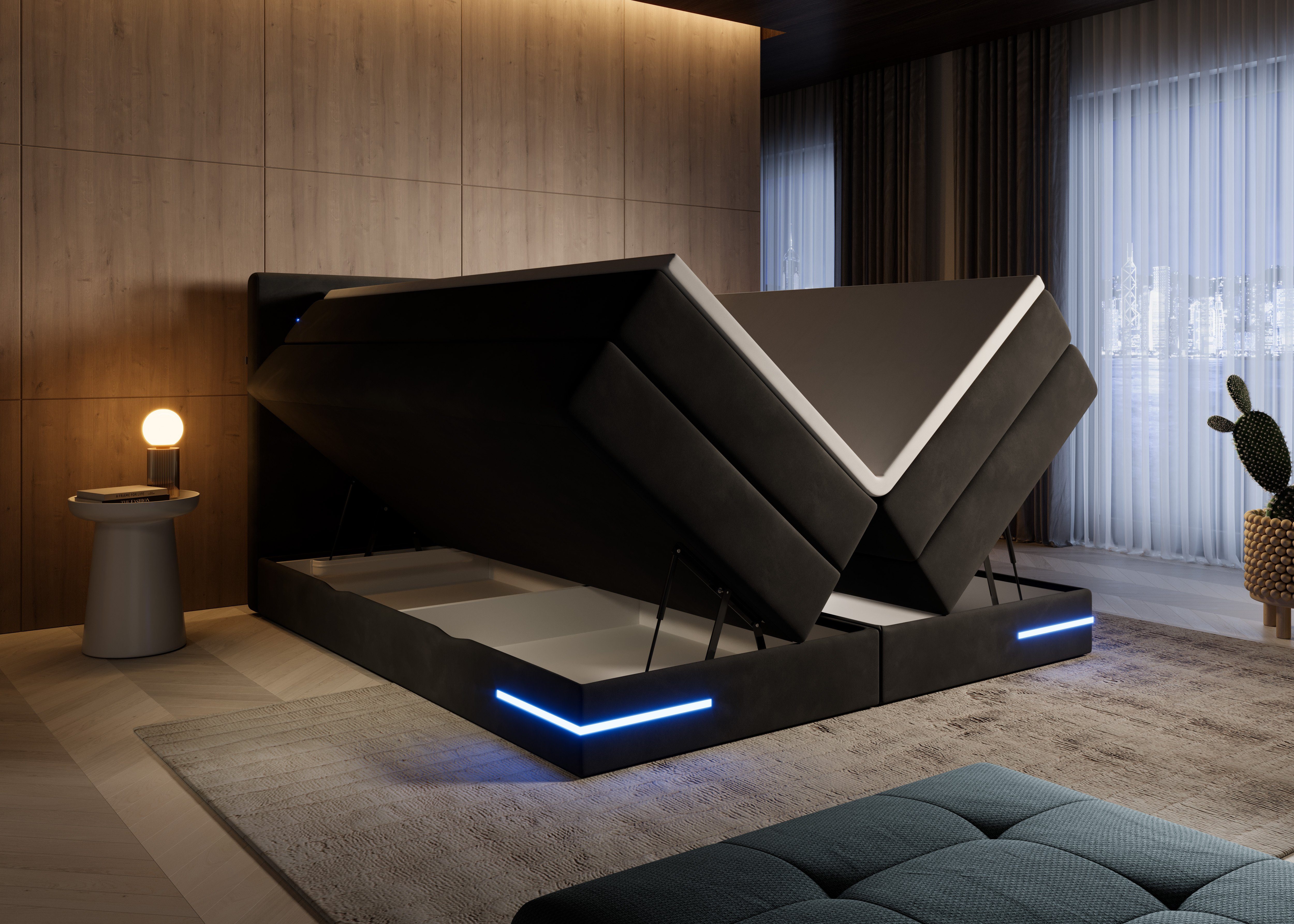 wonello Boxspringbett Detroit 2.0, Samt Bett mit LED Beleuchtung, Bettkaste günstig online kaufen