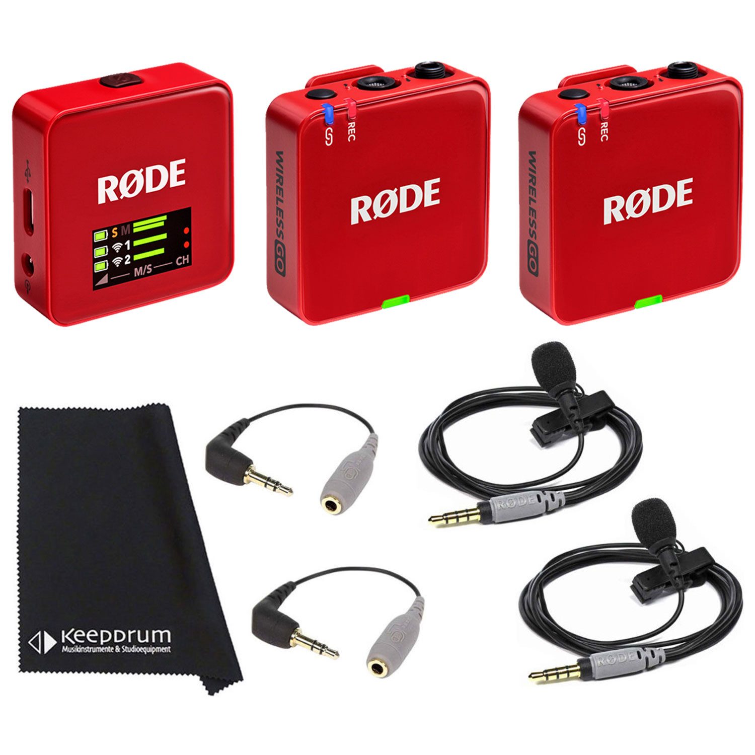 Rode Wireless GO Gen 3 Rot mit 2x Smartlav und 2x SC3 Digitales Aufnahmegerät
