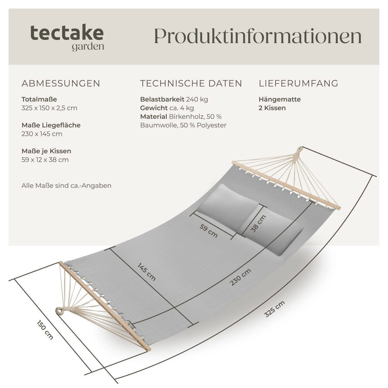 tectake Hängematte Hammock Eden, mit Spreitzstäben, für 2 Personen