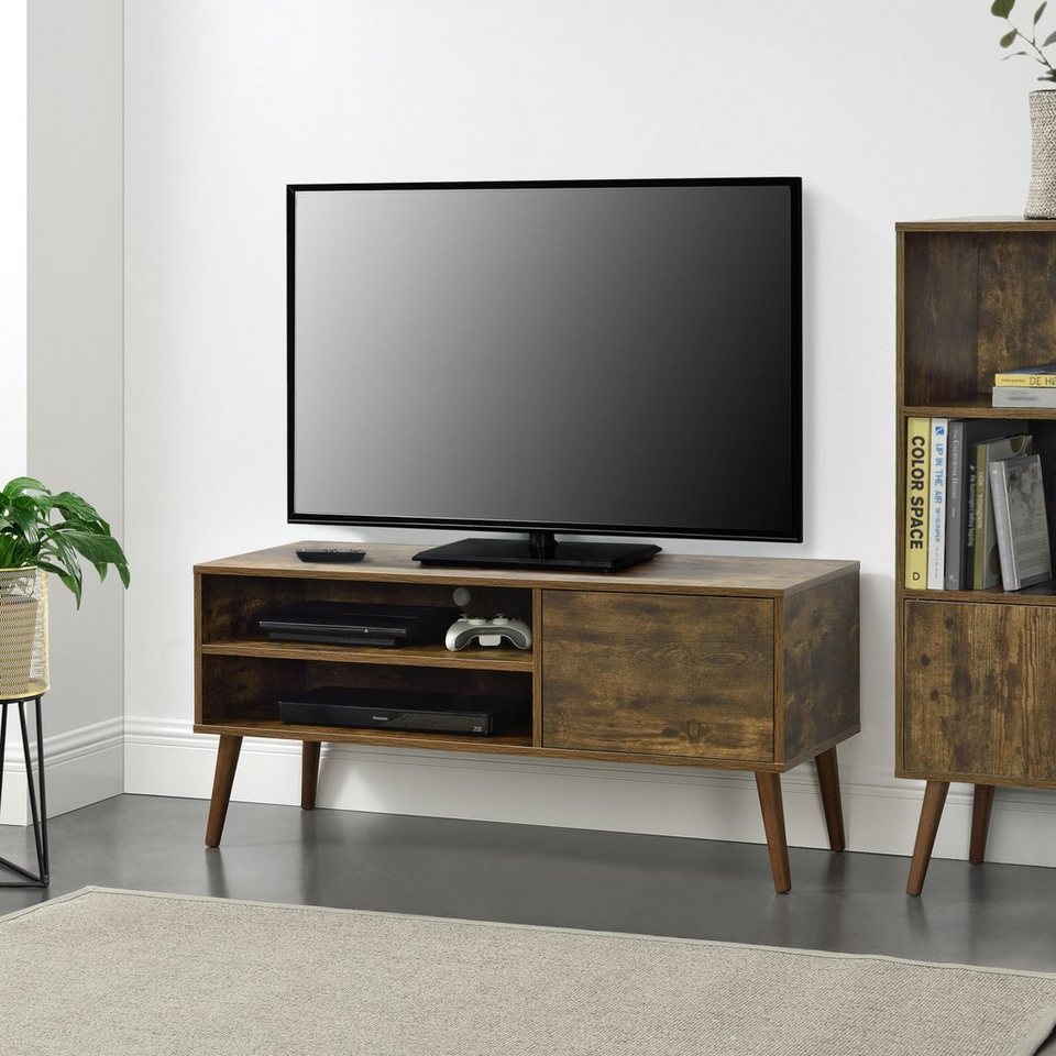 20 kg Dunkler Holzton Fernsehtisch Hedemora 140x30x45,5 cm TV Lowboard mit Ablage und 5 Schranktüren Unterschrank max en.casa 