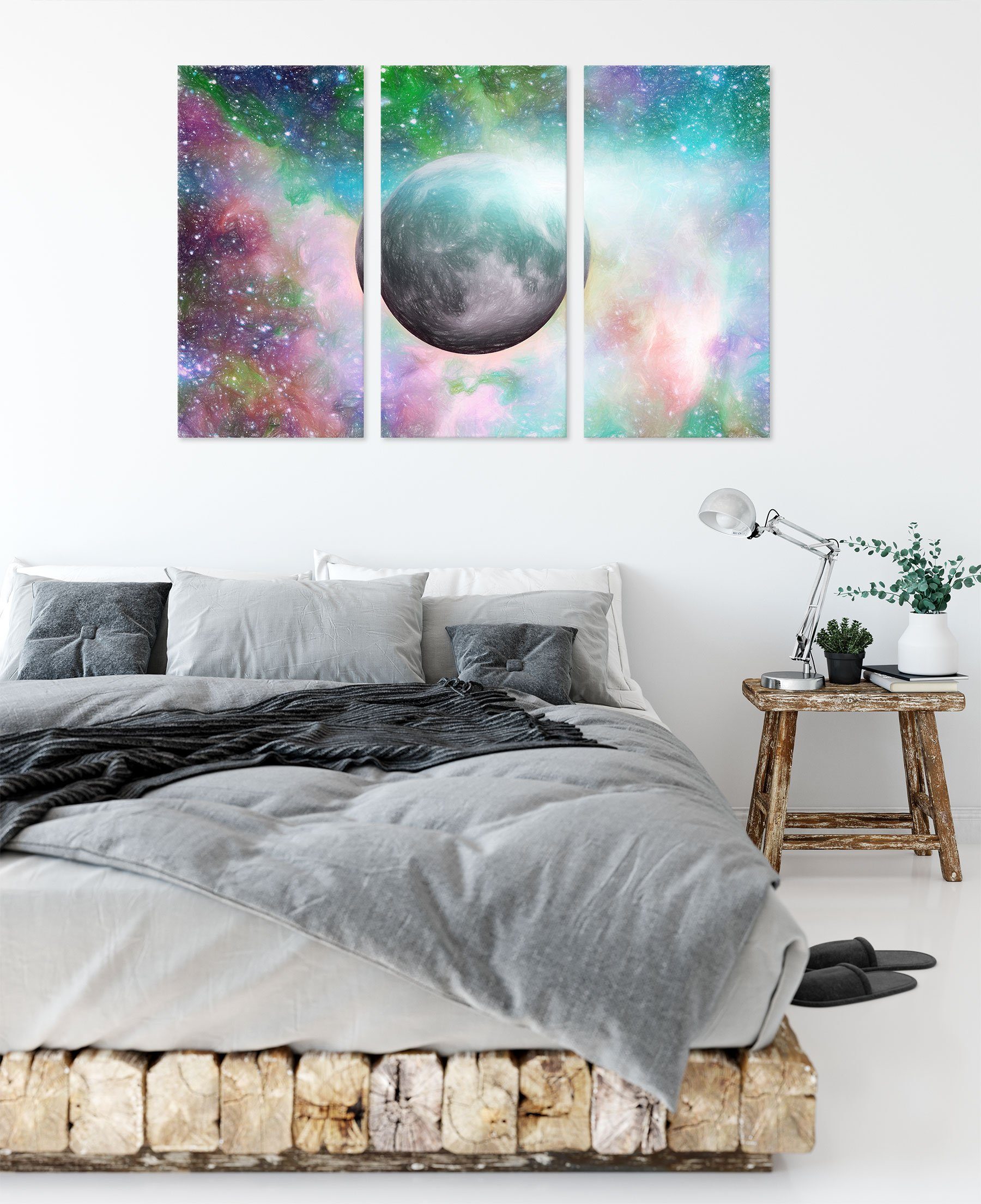 Mond Sternenstaub bespannt, Zackenaufhänger 3Teiler (120x80cm) inkl. fertig im im St), unser Pixxprint Leinwandbild Mond (1 unser Sternenstaub, Leinwandbild