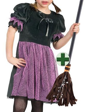 Karneval-Klamotten Hexen-Kostüm schwarz flieder Hexenkleid mit Hexenbesen Kinder, Kinderkostüm Mädchenkostüm Halloween Kleid mit Hexenbesen
