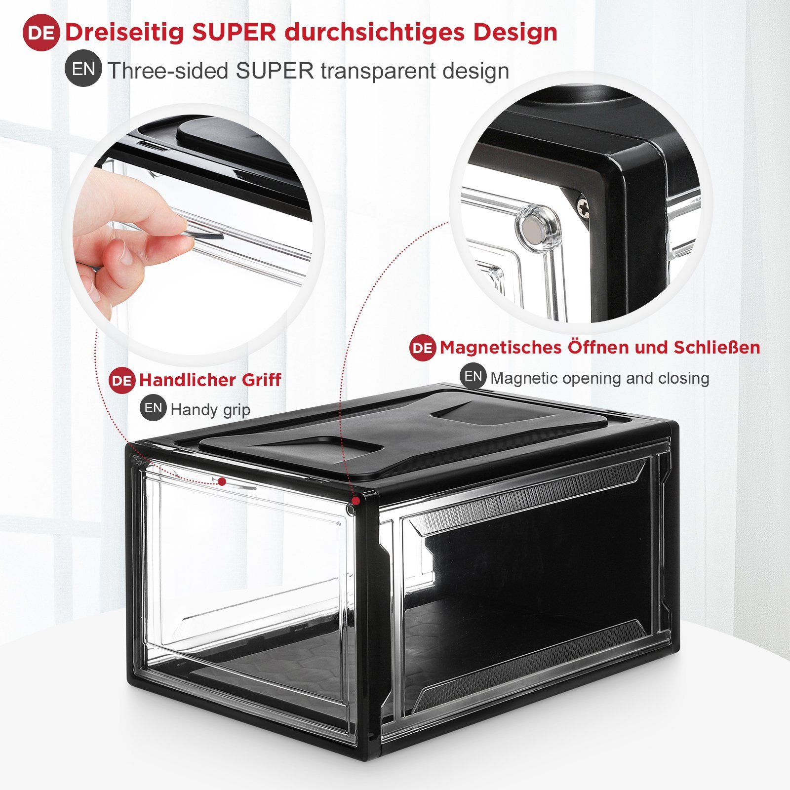 Yorbay Schuhbox 3er Set Schuhbox, stapelbarer Schuhorganizer, Schuhaufbewahrung (Kunststoffbox mit durchsichtiger Tür), Transparent weiß / schwarz, 37 x25,5 x 20 cm, für Schuhe bis Größe 48
