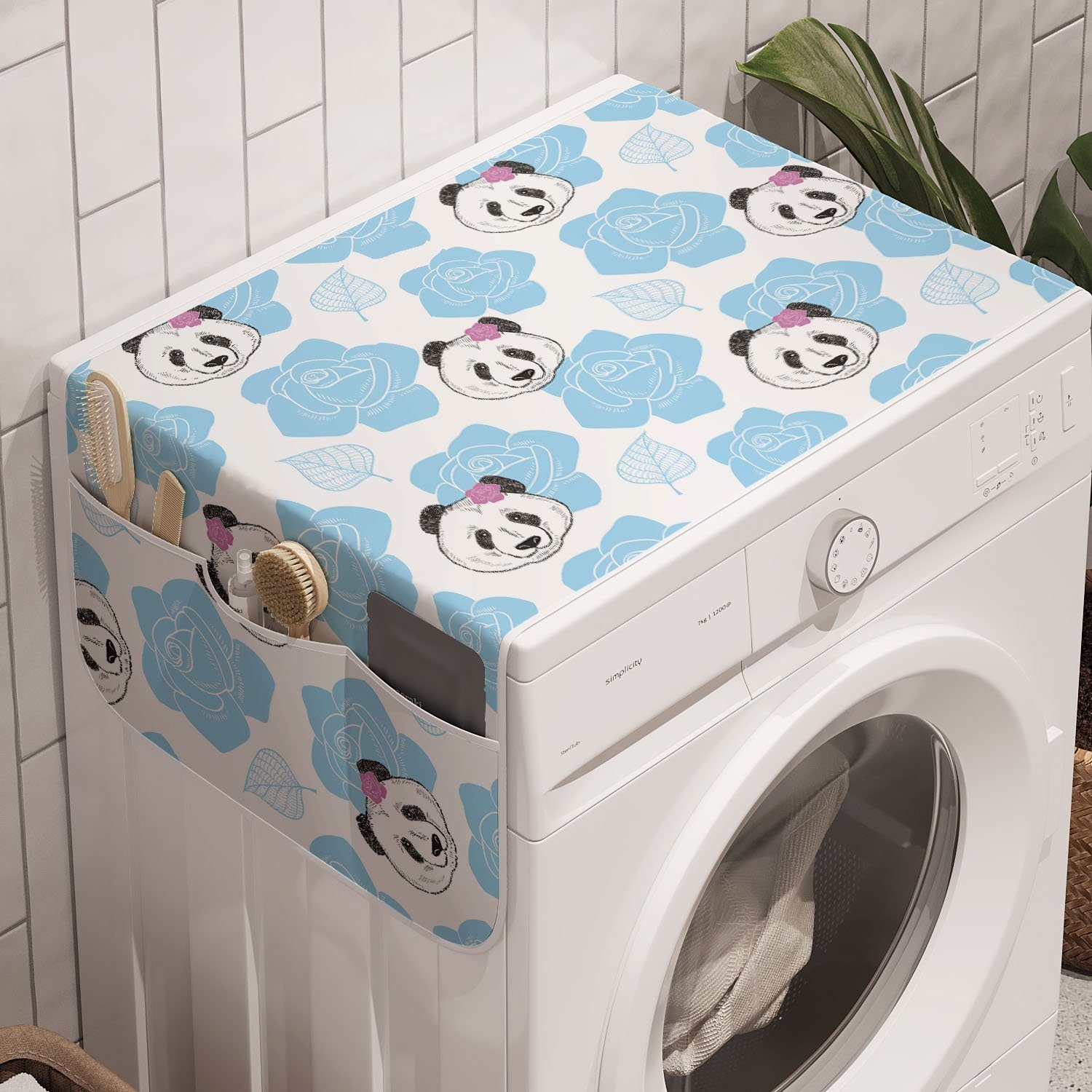 Abakuhaus Badorganizer Anti-Rutsch-Stoffabdeckung für Waschmaschine und Trockner, Tiere Panda-Bär Köpfe mit Rosen
