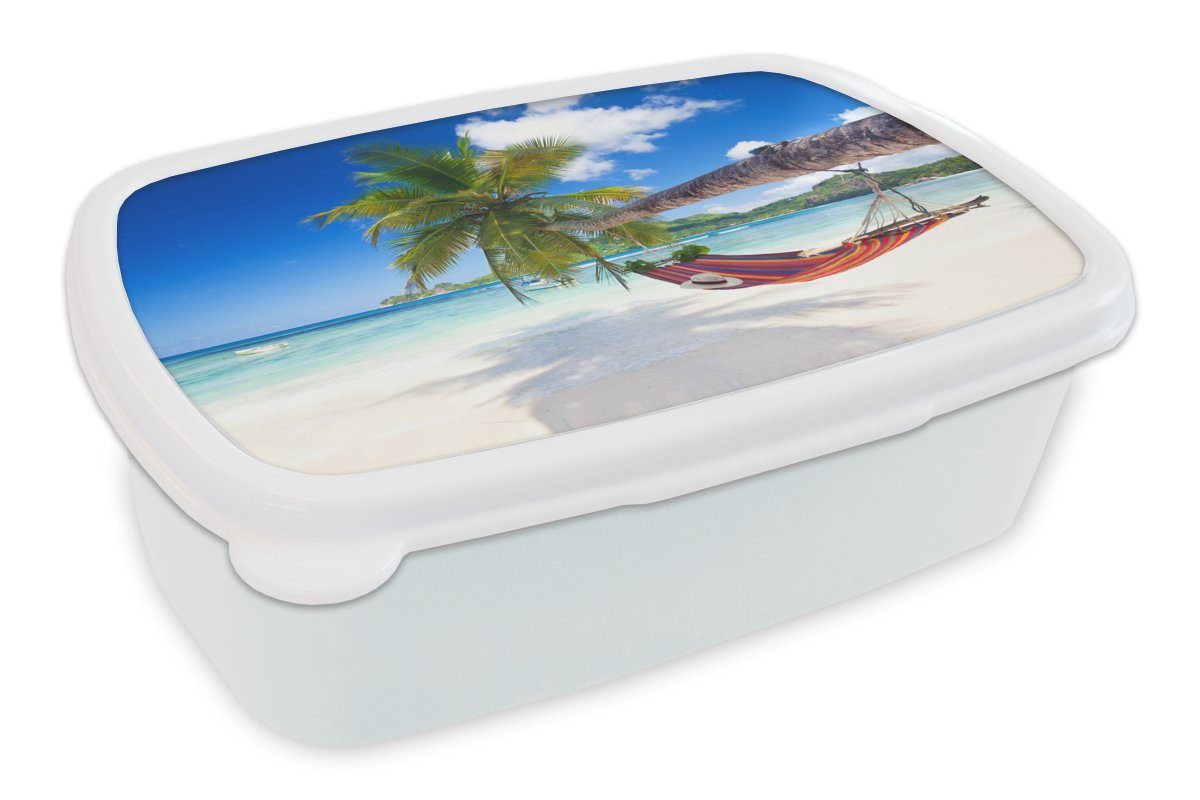 MuchoWow Lunchbox Strand - Hängematte - Meer - Palme, Kunststoff, (2-tlg), Brotbox für Kinder und Erwachsene, Brotdose, für Jungs und Mädchen weiß