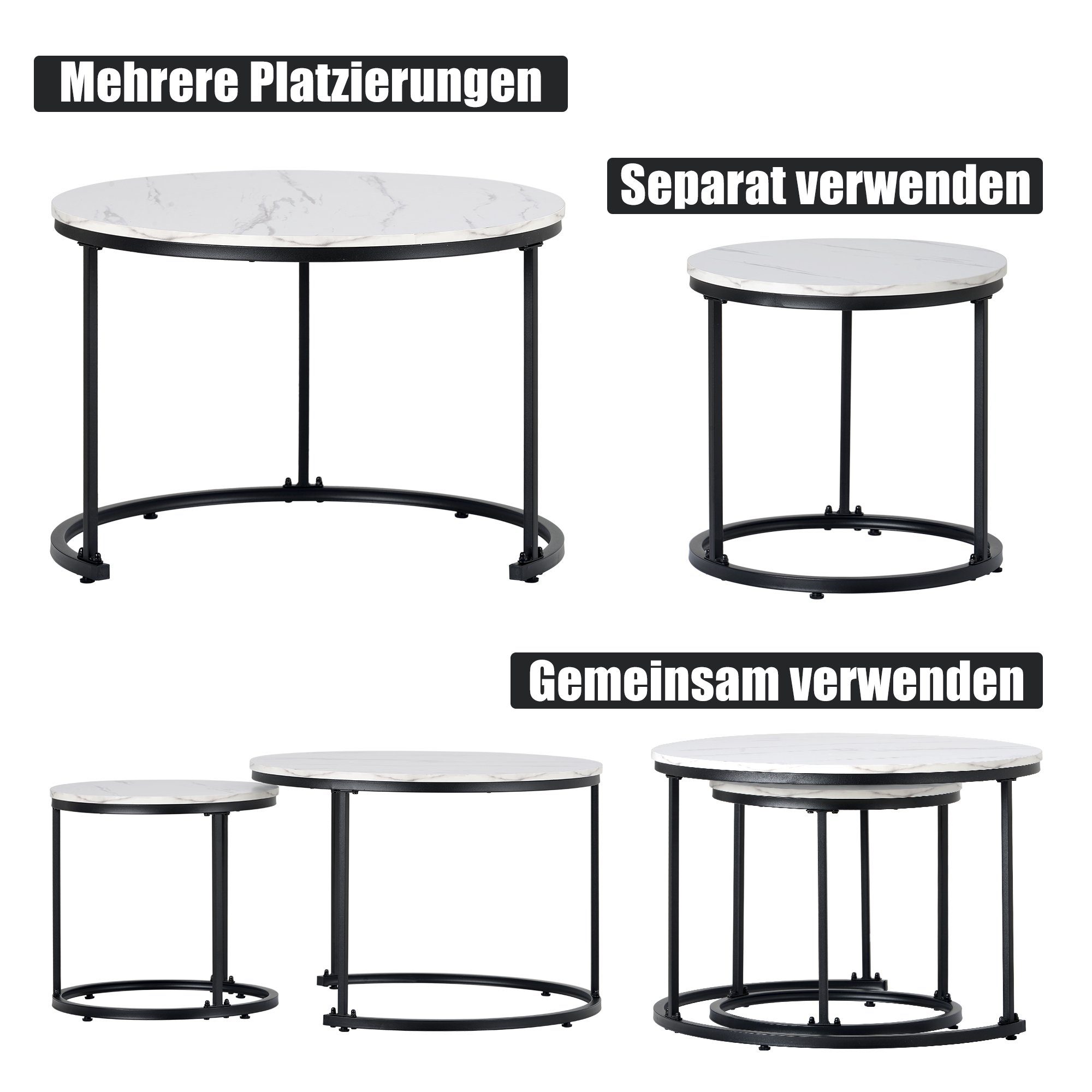 Merax Couchtisch Set rund Satztisch Wohnzimmertisch 1,5 cm Platte, Marmoroptik, 2er Set, Satztisch Wohnzimmertisch, Industrial – Bild 4 von 5
