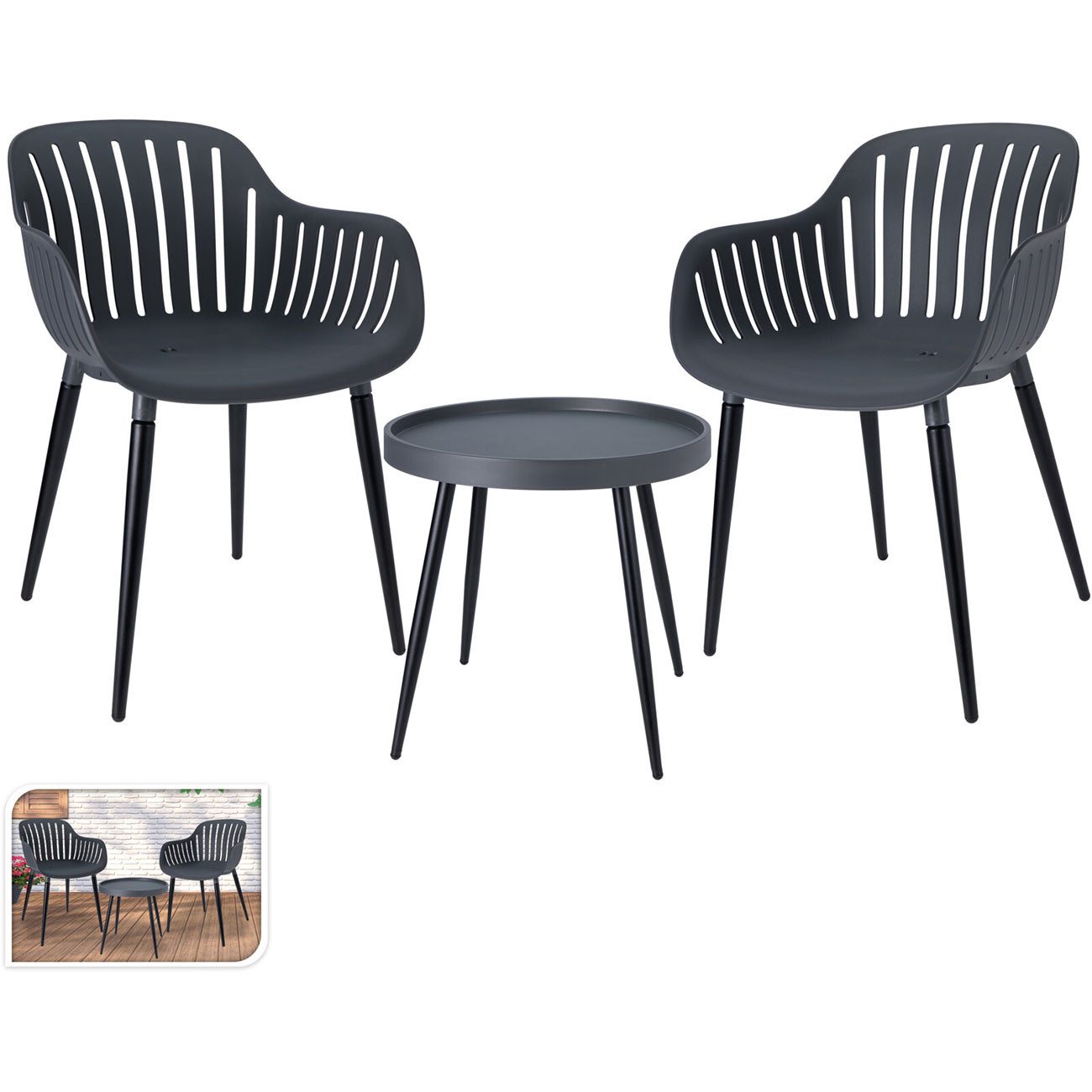 Home & styling collection Sitzgruppe Moderne Garten-Sitzgruppe 3-tlg., Tisch & 2 Stühle, Anthrazit, (3-tlg), 2 Gartenstühle, Runder Beistelltisch, Stahlgestell, Sitzschale