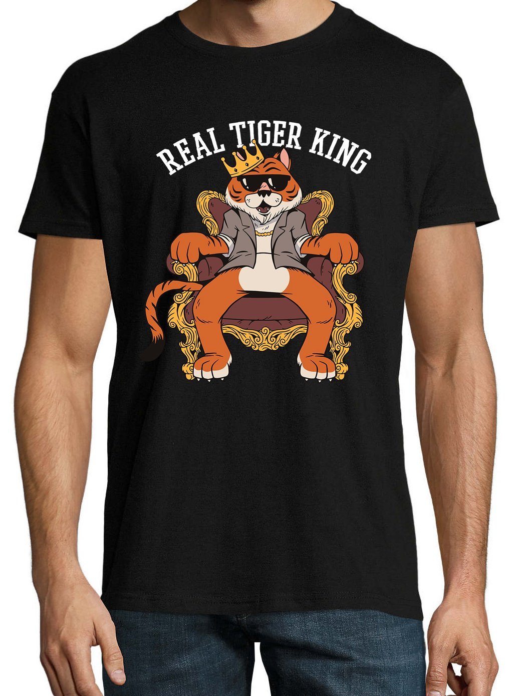 Frontprint Real Designz Schwarz mit Herren Tiger trendigem Youth King T-Shirt Shirt