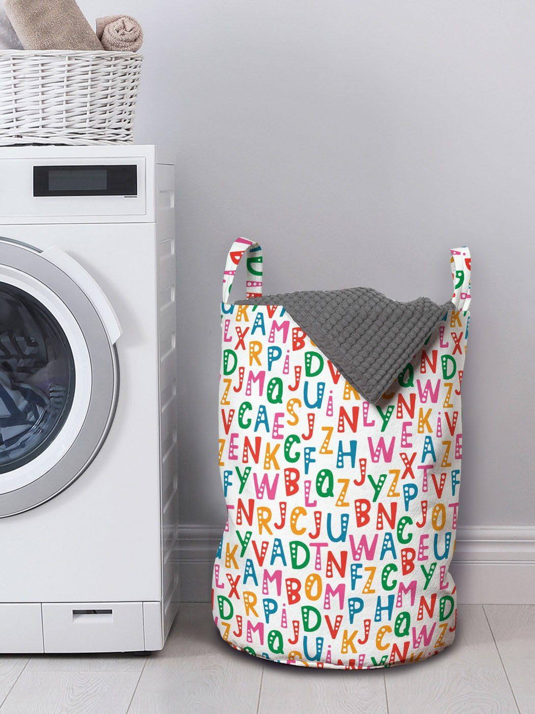 Abakuhaus Alphabet Kordelzugverschluss Wäschekorb Wäschesäckchen mit Charaktere für Griffen Waschsalons, Vibrant Bubbly