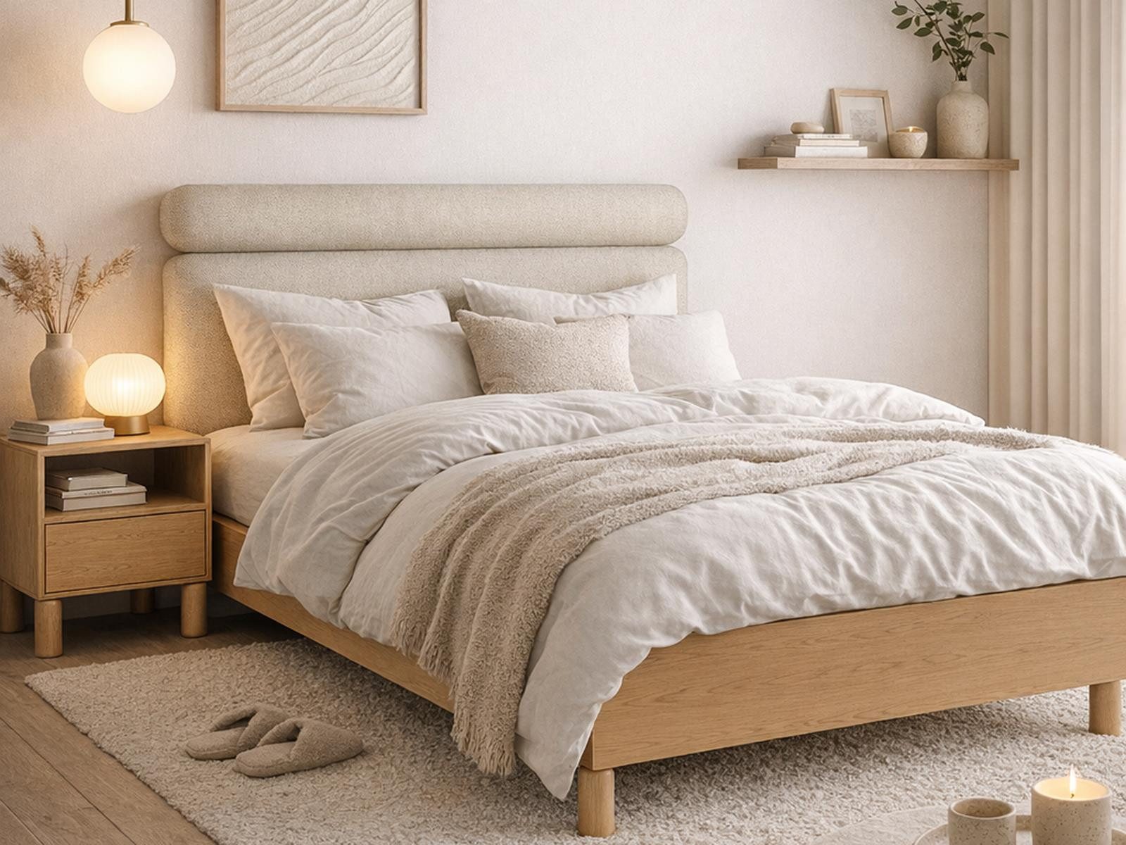 Compleo Holzbett 160 oder 140x200, Scandi Design (Wabi-Sabi Stil), MADE IN EU, Gepolstertes Kopfteil aus Bouclé-Stoff