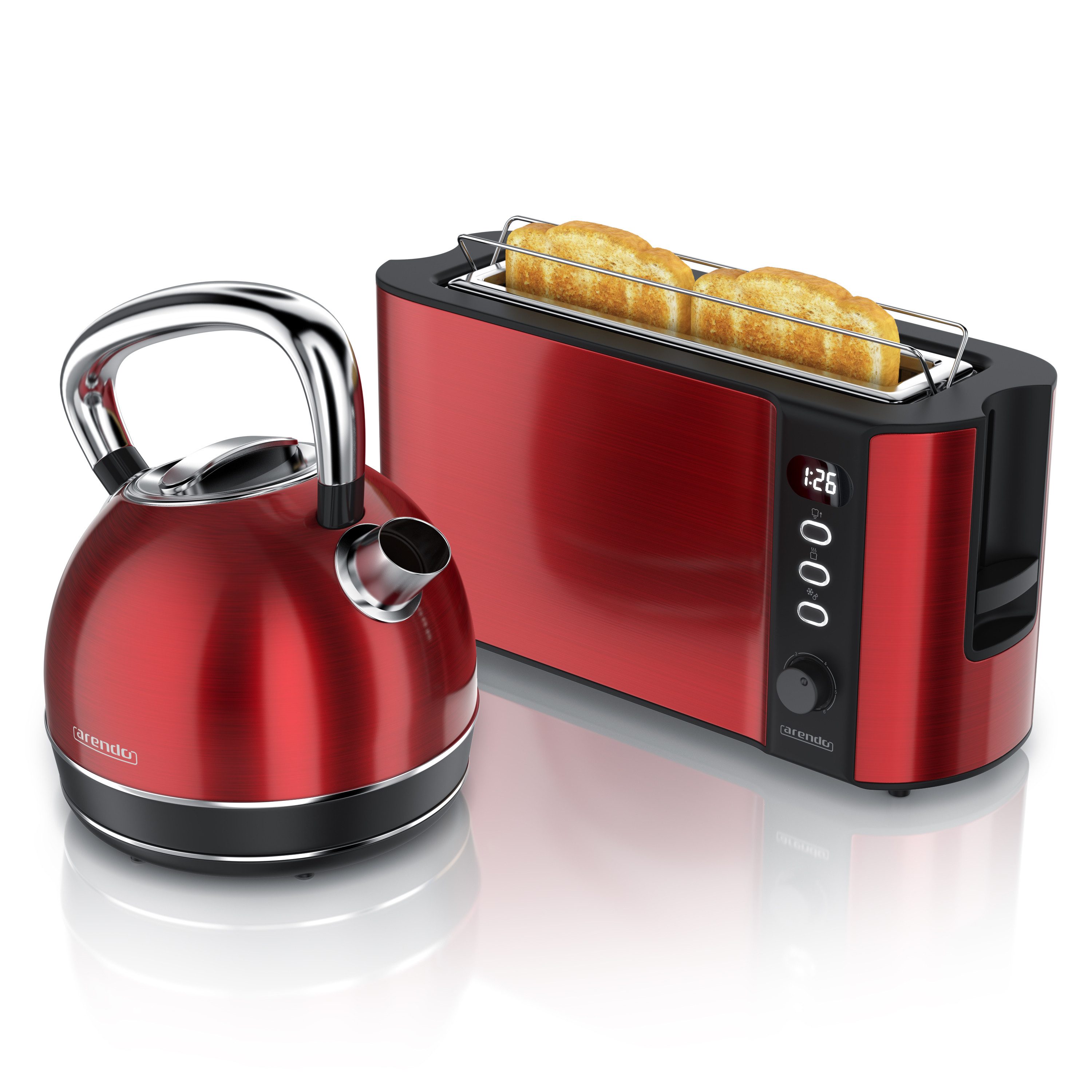 Arendo Frühstücks-Set Edelstahl Wasserkocher 1,7l, 2-Scheiben Langschlitz Toaster, rot (2-tlg), Frühstücksset, Wasserkocher Retro, 2200W, Toaster Brötchenaufsatz