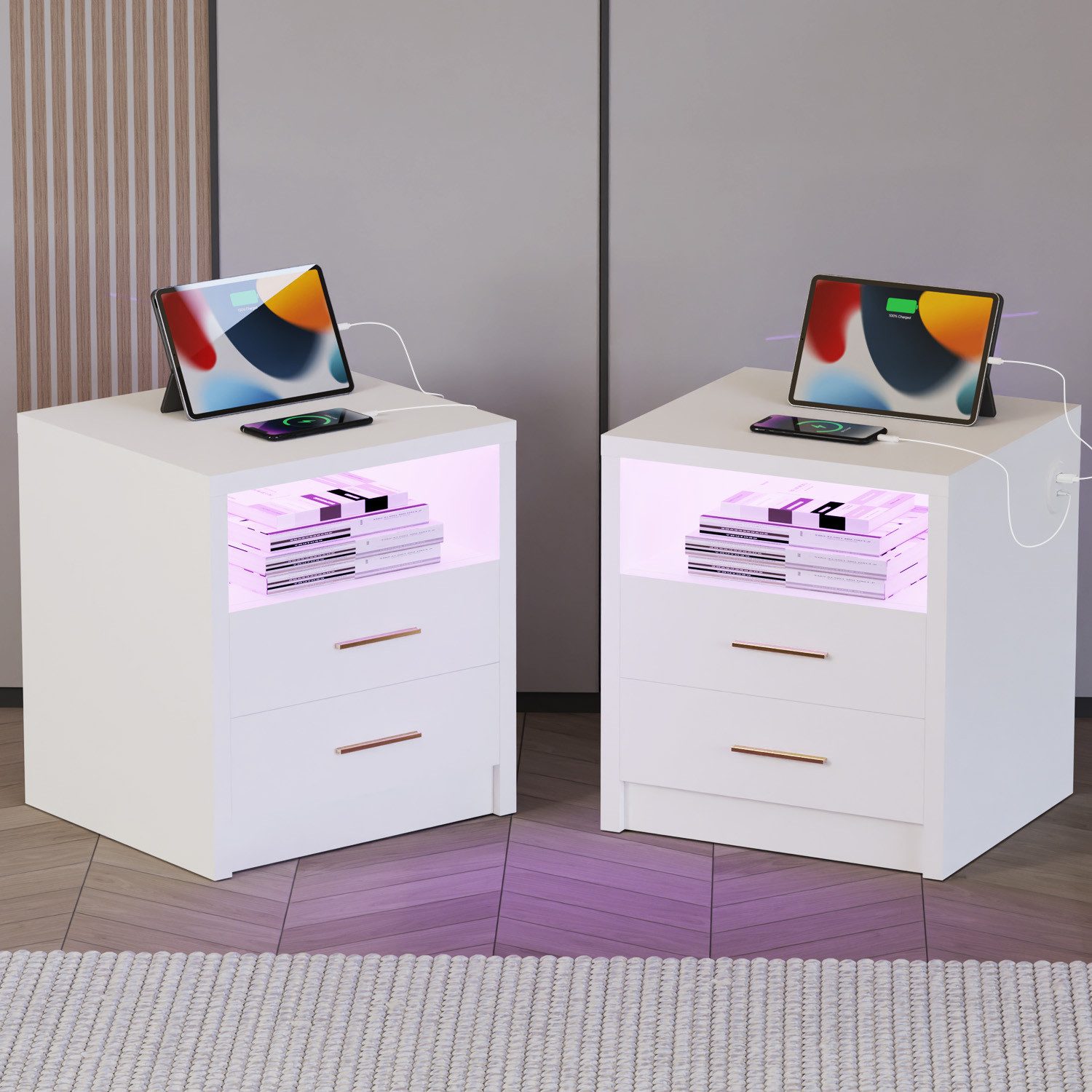 oyajia Nachttisch Nachtschrank mit 2/3 Schubladen, Beistelltisch mit Ladestation und LED (1-st RGB Nachttisch mit Schubladen und Ladestation), Nachttisch mit Schubladen, Einstellbare Farben, Type-C, USB-Anschlüsse