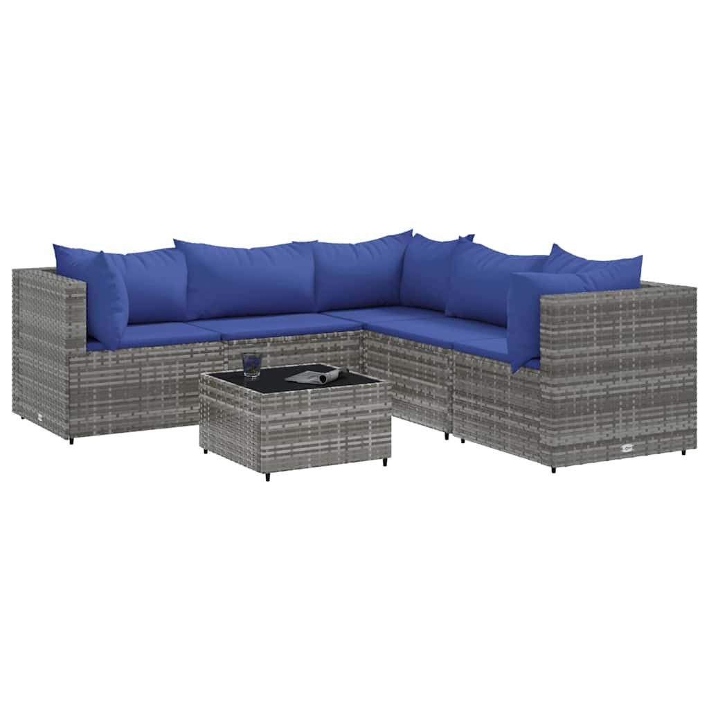 vidaXL Gartenlounge-Set 6-tlg. Garten-Lounge-Set mit Kissen Grau Poly Rattan, (1-tlg)