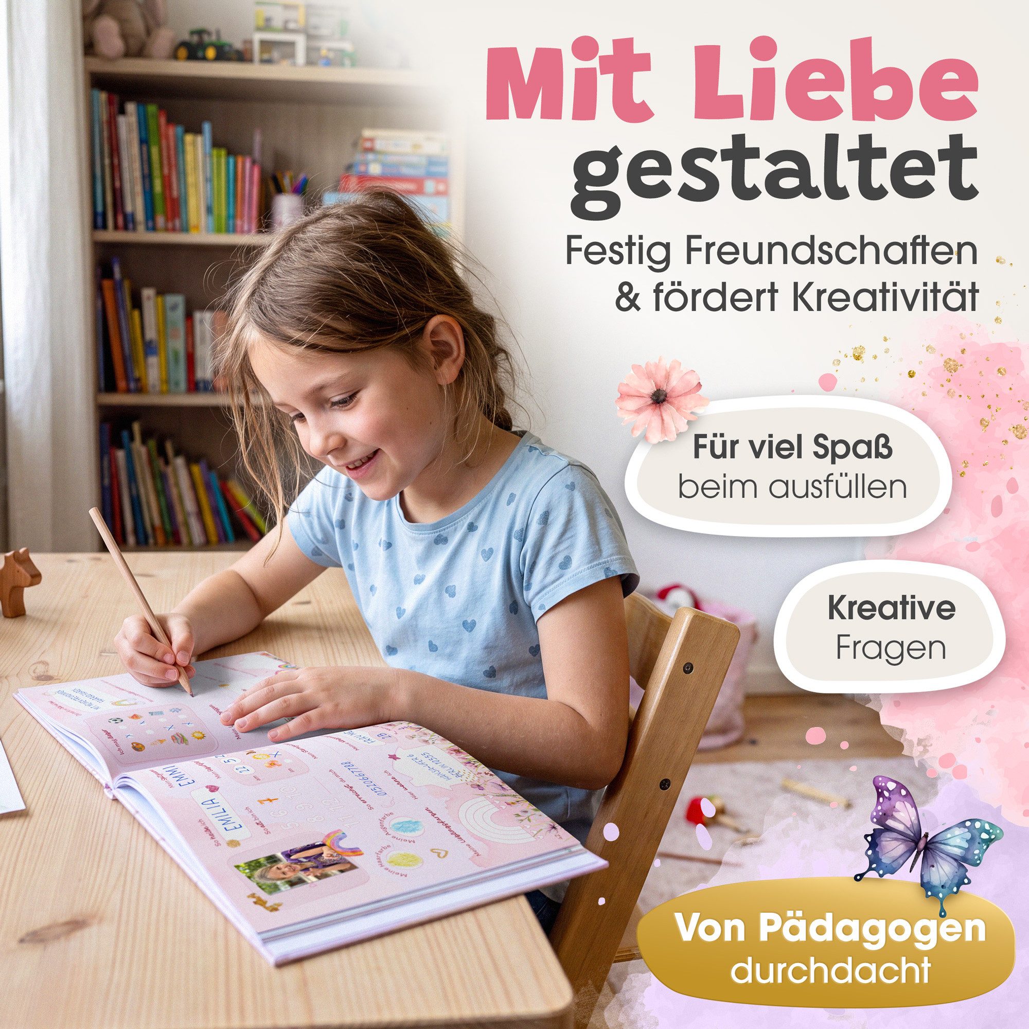 Eulentaler Freundebuch für Mädchen (Schule) I von Pädagogen gestaltet, Regenbögen, Blumen & Goldprägung, Geschenk für Schulkinder – Bild 5 von 5