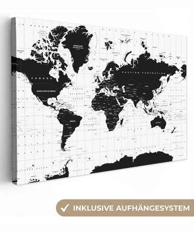 OneMillionCanvasses® Leinwandbild Weltkarte - Schwarz - Weiß - Atlas - Erde - Bildung, (1 St), Wandbild Leinwandbilder, Aufhängefertig, Wanddeko, 30x20 cm