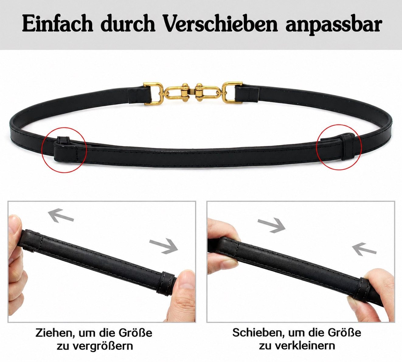 MOPUEA Ledergürtel Damengürtel, Damen Skinny Gürtel, Schwarz Ledergürtel (Damenbund Mode All Match Hose Kleid Gürtel Leder Cummerbunds, 1-St., mit Gold metallschnalle) schmaler Gürtel für Kleider, modisch, verstellbar