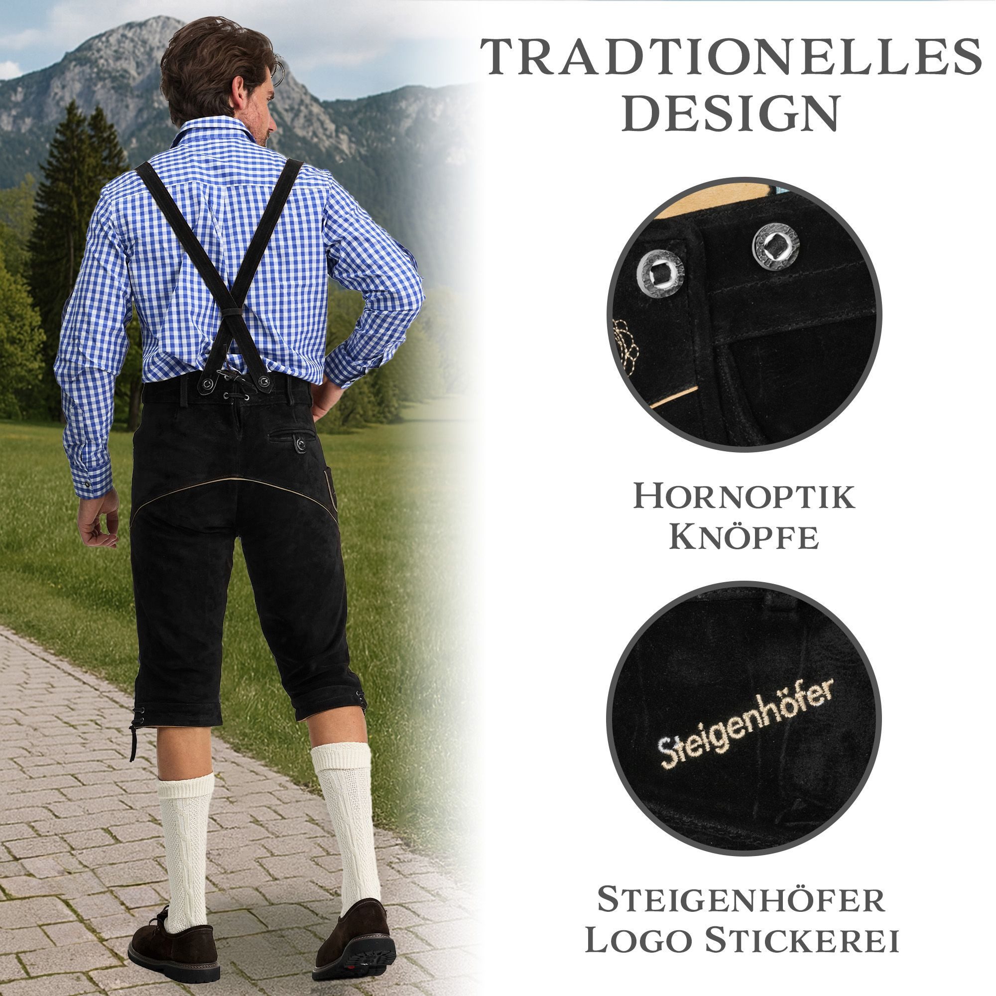 Steigenhöfer Manufaktur Trachtenlederhose Lederhose Herren Tracht Kniebund - Reinhold - 100% Rindsleder (Inklusive verstellbarer Träger) Traditionelle Echtlederhose - Ideal für Dein Oktoberfest Herren Outfit