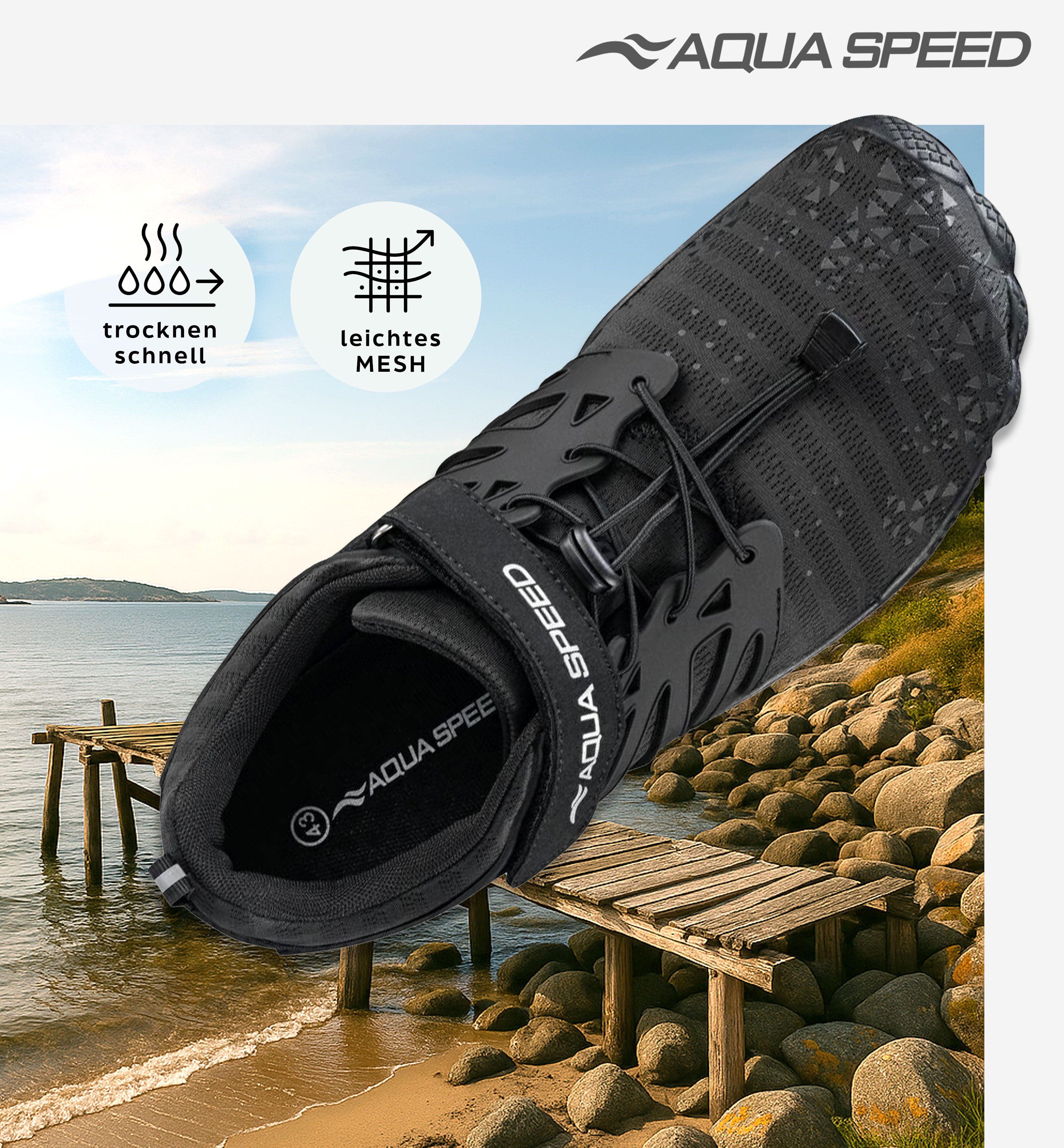 Aqua Speed Taipan Strandschuhe Gr. 43 – Schwarz mit Handtuchbeilage Wasserschuh (Grip-Schuhe für Ufer, Dusche & Steg – sicher & kompakt) Für SUP, Kajak & Steg – Trittsicher bei jeder Wasseraktivität