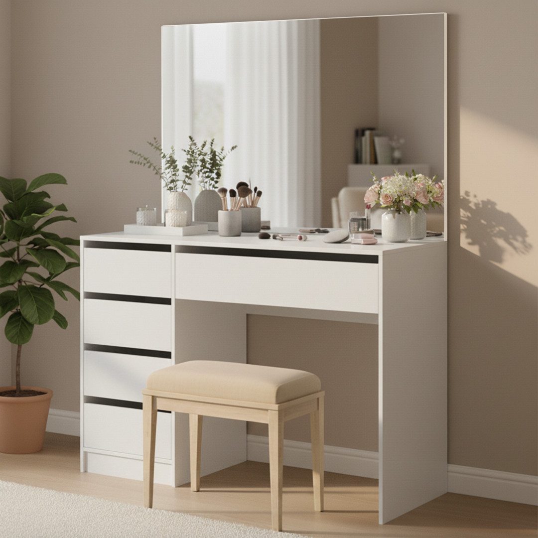 Bellamio Schminktisch Nore mit Spiegel, mit und ohne LED-Beleuchtung (Weiß, 5 Schubladen, 110x70x53 cm), Kosmetiktisch mit HD-Spiegelglas, Schubladen beidseitig montierbar