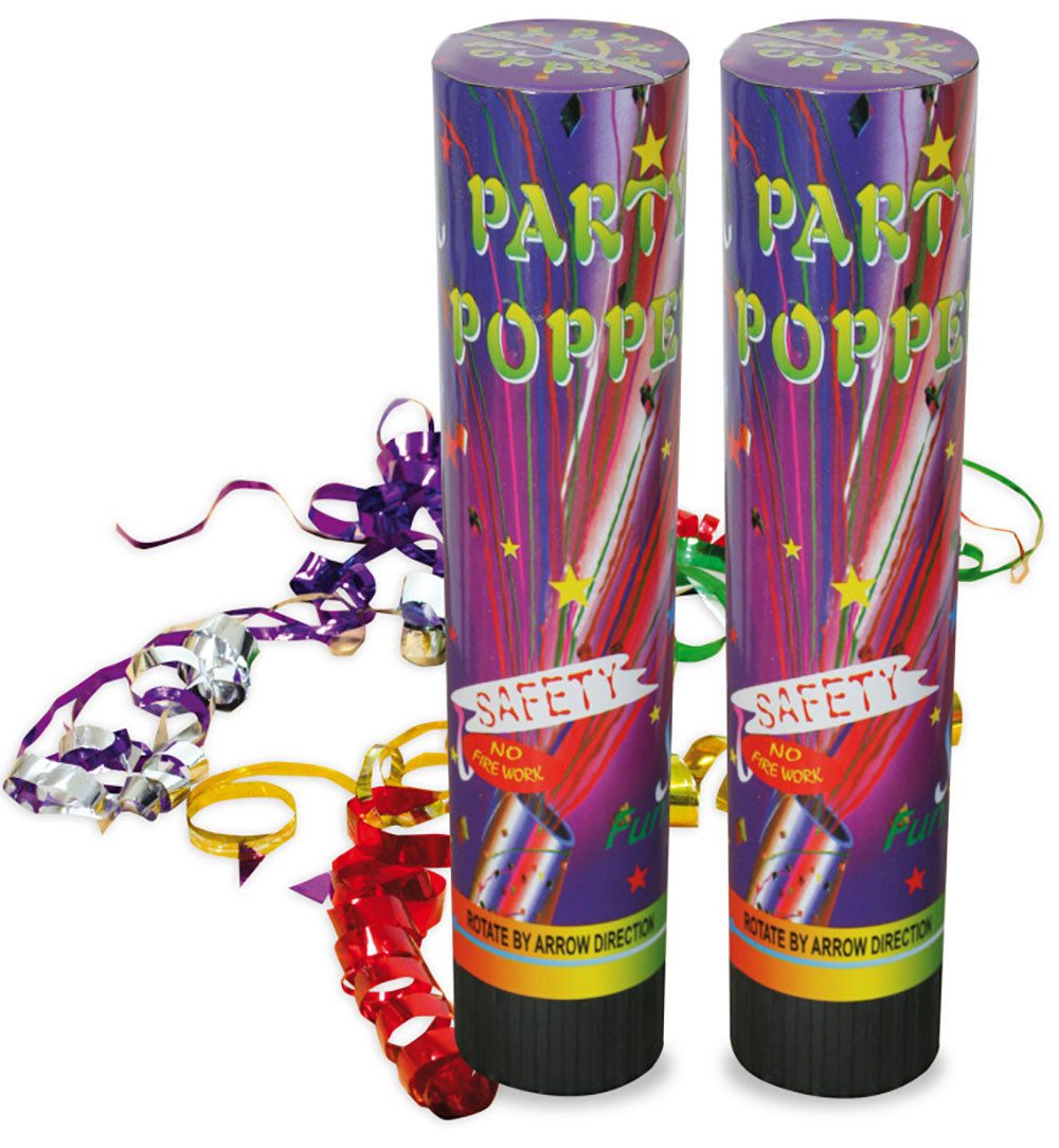 Fries Konfetti 2 Stück Party Poppers 21 cm Hoch Luftschlangen Kanone Karneval, Reichweite 3 bis 5 m