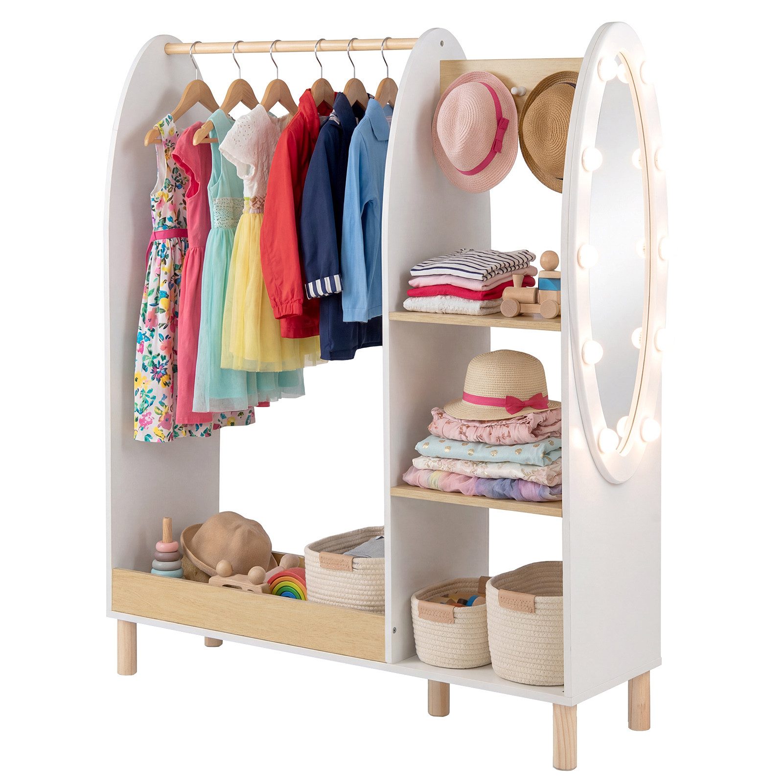 COSTWAY Kleiderständer, Mit Spiegel, Garderobe, Regalen & Haken für Kinder