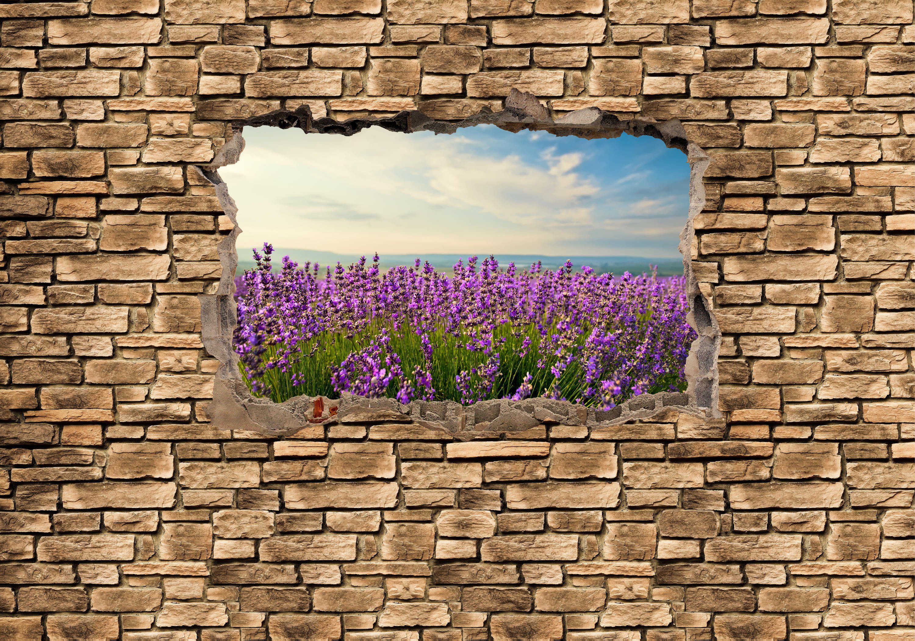 wandmotiv24 Fototapete 3D Lavendelfeld am Meer - Steinmauer, glatt, Wandtapete, Motivtapete, matt, Vliestapete