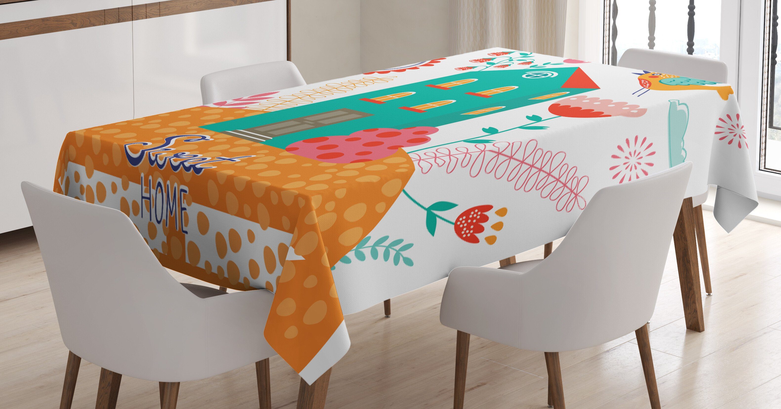 Abakuhaus Tischdecke Farbfest Waschbar Für den Außen Bereich geeignet Klare Farben, Trautes Heim, Glück allein Vögel Blumen