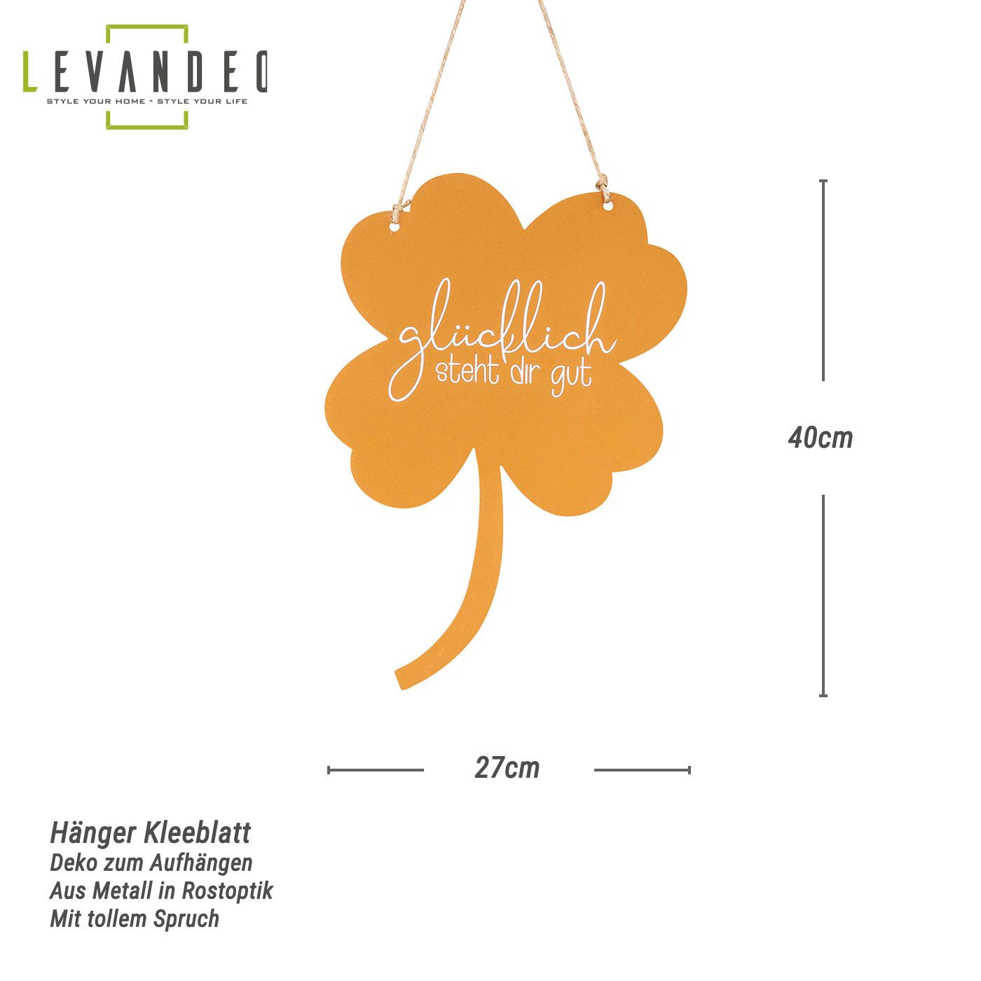 Levandeo® Metallbild, Schild Kleeblatt Glücklich steht dir Gartendeko Türschild Edelrost