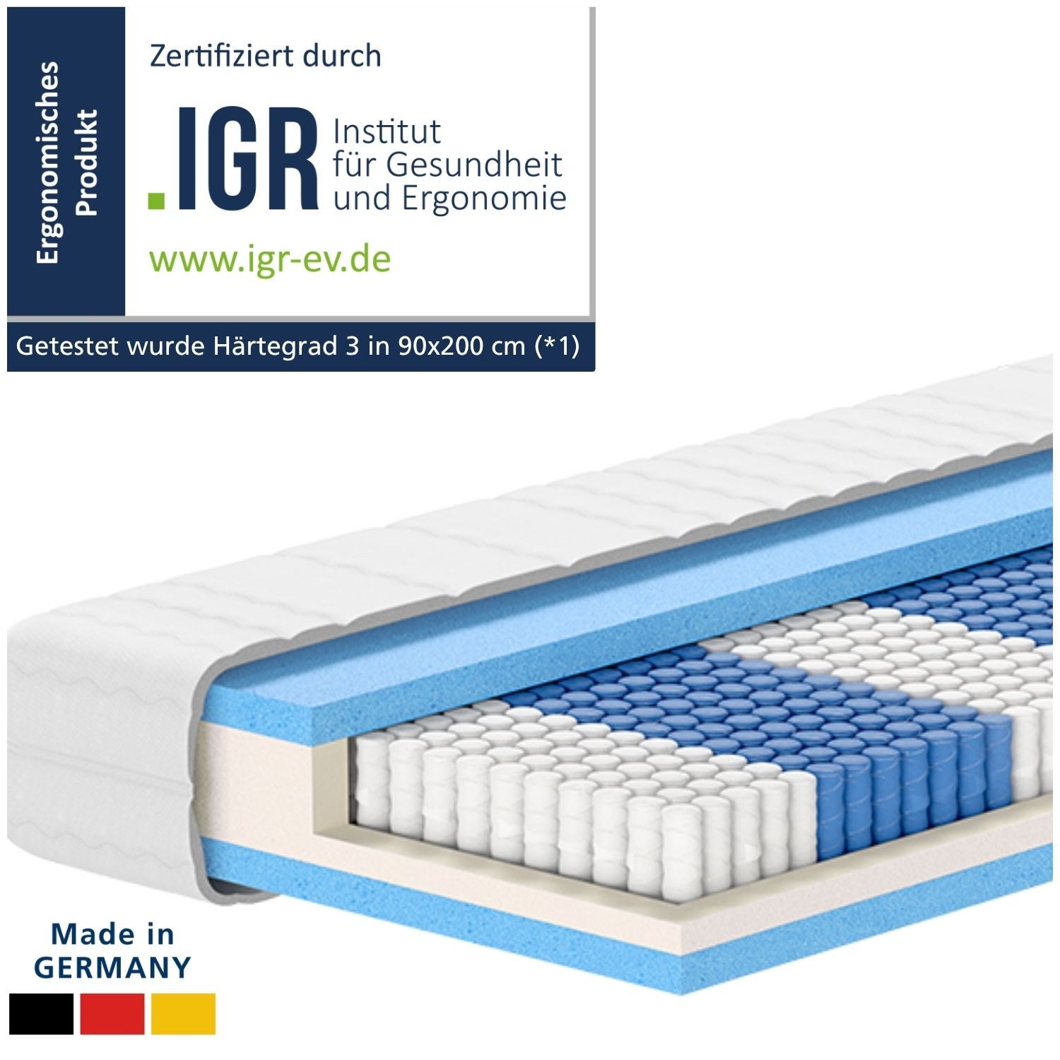 Taschenfederkernmatratze 1000 Federn, 7-Zonen Federkernmatratze, Besonders Anpassungsfähig, AM Qualitätsmatratzen, 24 cm hoch, 80x200 cm