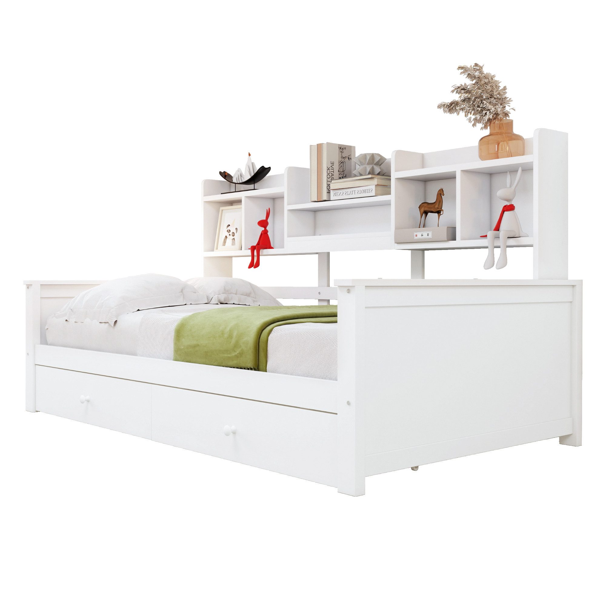 REDOM Schlafsofa mit Schubladen, Regalen und Lattenrost, Funktionsbett Holzbett 90x200 cm, ohne Matratze