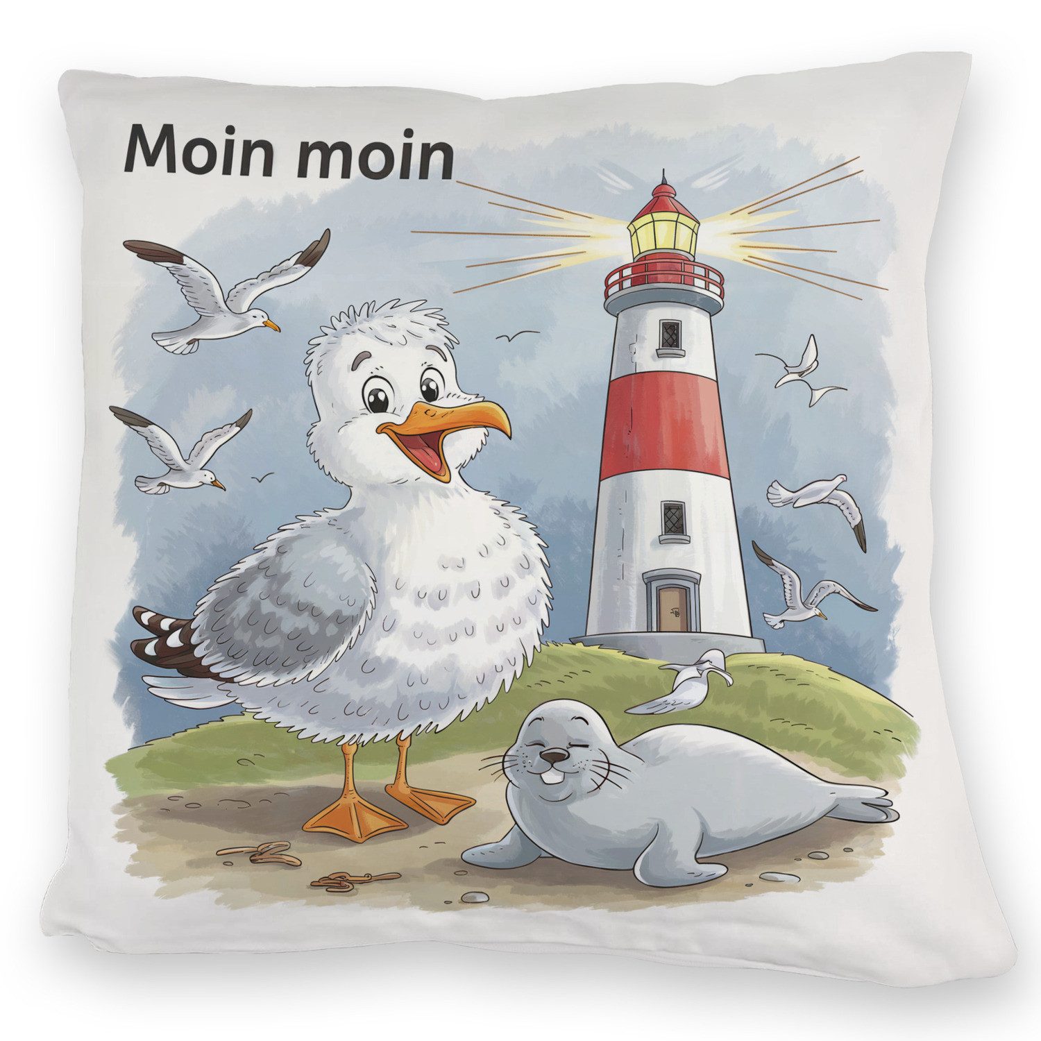 speecheese Dekokissen Fröhliche Möwe und Leuchtturm günstig online kaufen