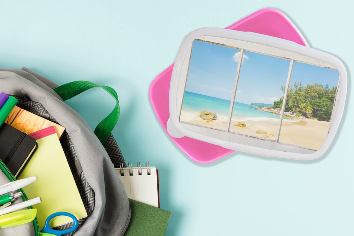 Strand Mädchen, rosa Meer, Kinder, Erwachsene, Brotbox - MuchoWow - für Aussicht Kunststoff, (2-tlg), Snackbox, Lunchbox Brotdose Kunststoff