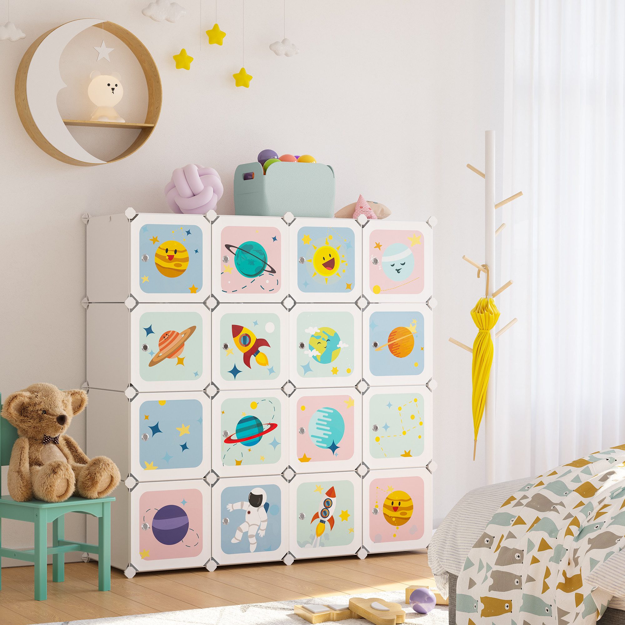 SONGMICS Kinderkleiderschrank Kinderregal mit 4 Kleiderstangen und 16 Würfeln, Schuhregal