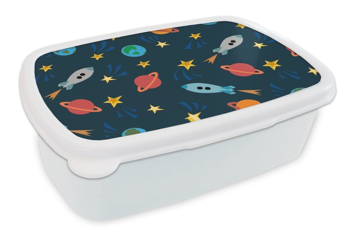 MuchoWow Lunchbox Muster - Erde - Weltraum - Rakete - Jungen - Kinder - Kinder, Kunststoff, (2-tlg), Brotbox für Kinder und Erwachsene, Brotdose, für Jungs und Mädchen weiß