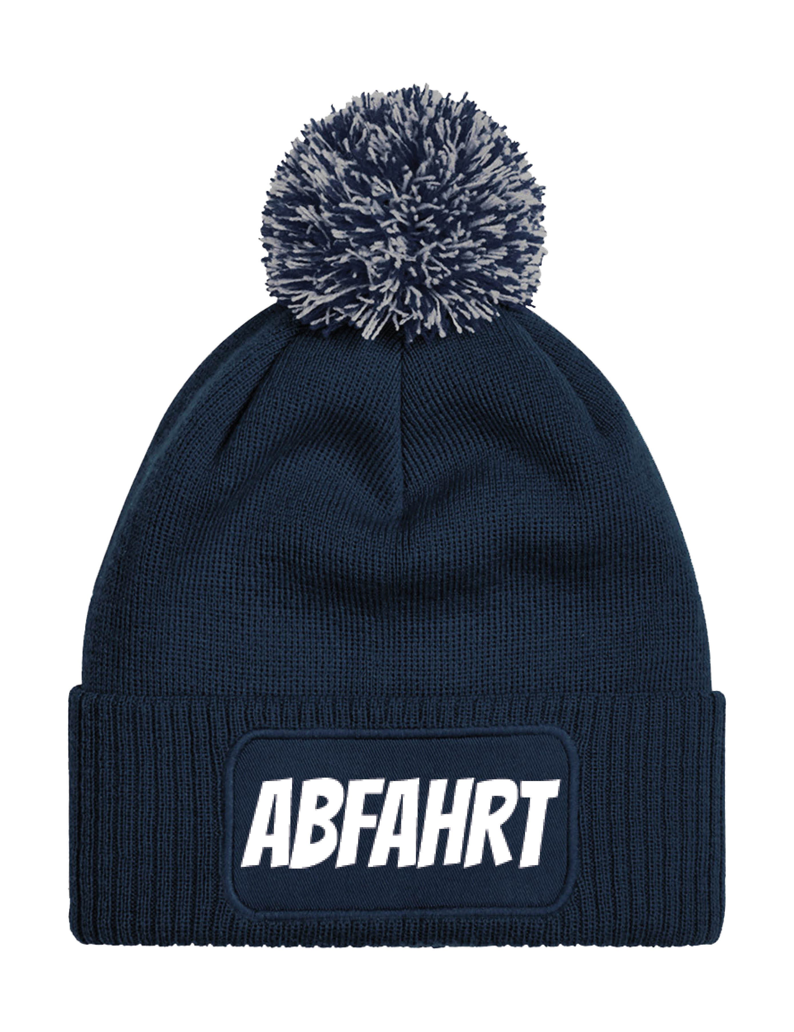 Beanie Unisex Strick Bommel Beanie Mütze mit Abfahrt Aufdruck Print Geschenk