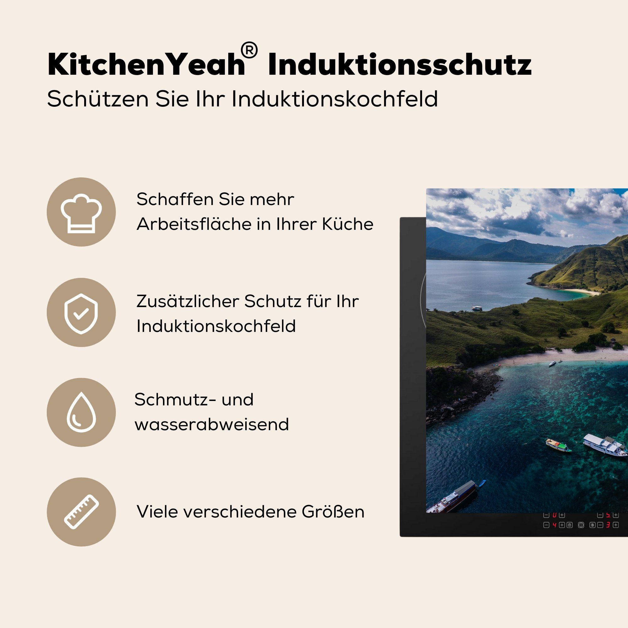 (1 Vinyl, 70x52 cm, Herdblende-/Abdeckplatte Komodo-Nationalpark, Tiefblaues Meer nutzbar, im tlg), Ceranfeldabdeckung Arbeitsfläche MuchoWow Mobile