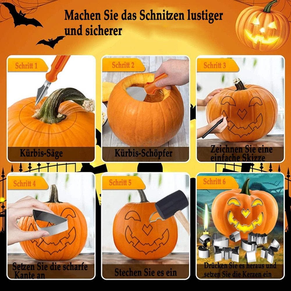 CLTYQ Dekoobjekt 24-teiliges Kürbisschnitzset für Halloween,mit Hammer und 20 Formen (24 St), Kindersicheres DIY Edelstahl-Werkzeug für Familien,DIY Kürbisdeko – Bild 4 von 5