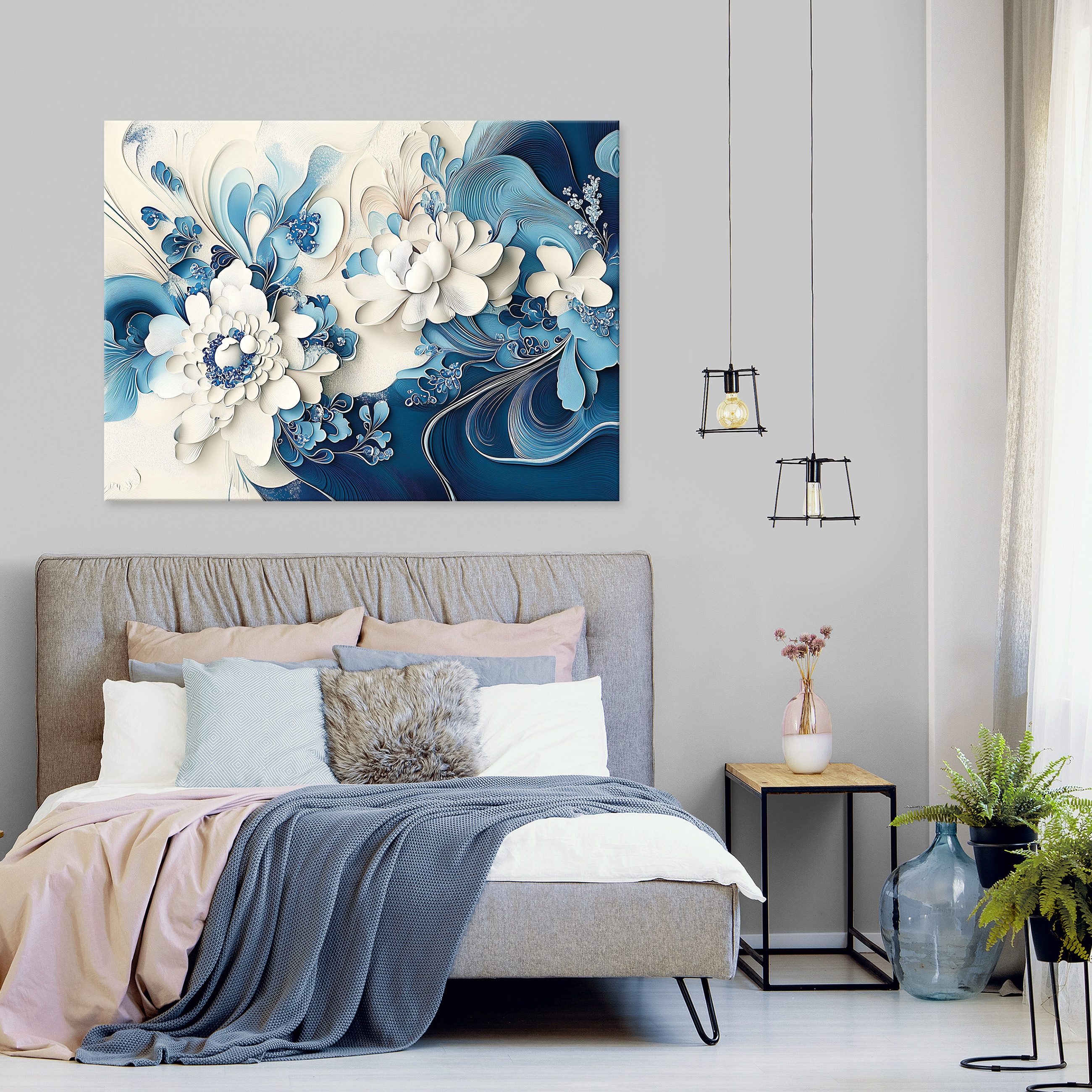 Wallarena Leinwandbild Blumen Abstrakt Blau Beige günstig online kaufen