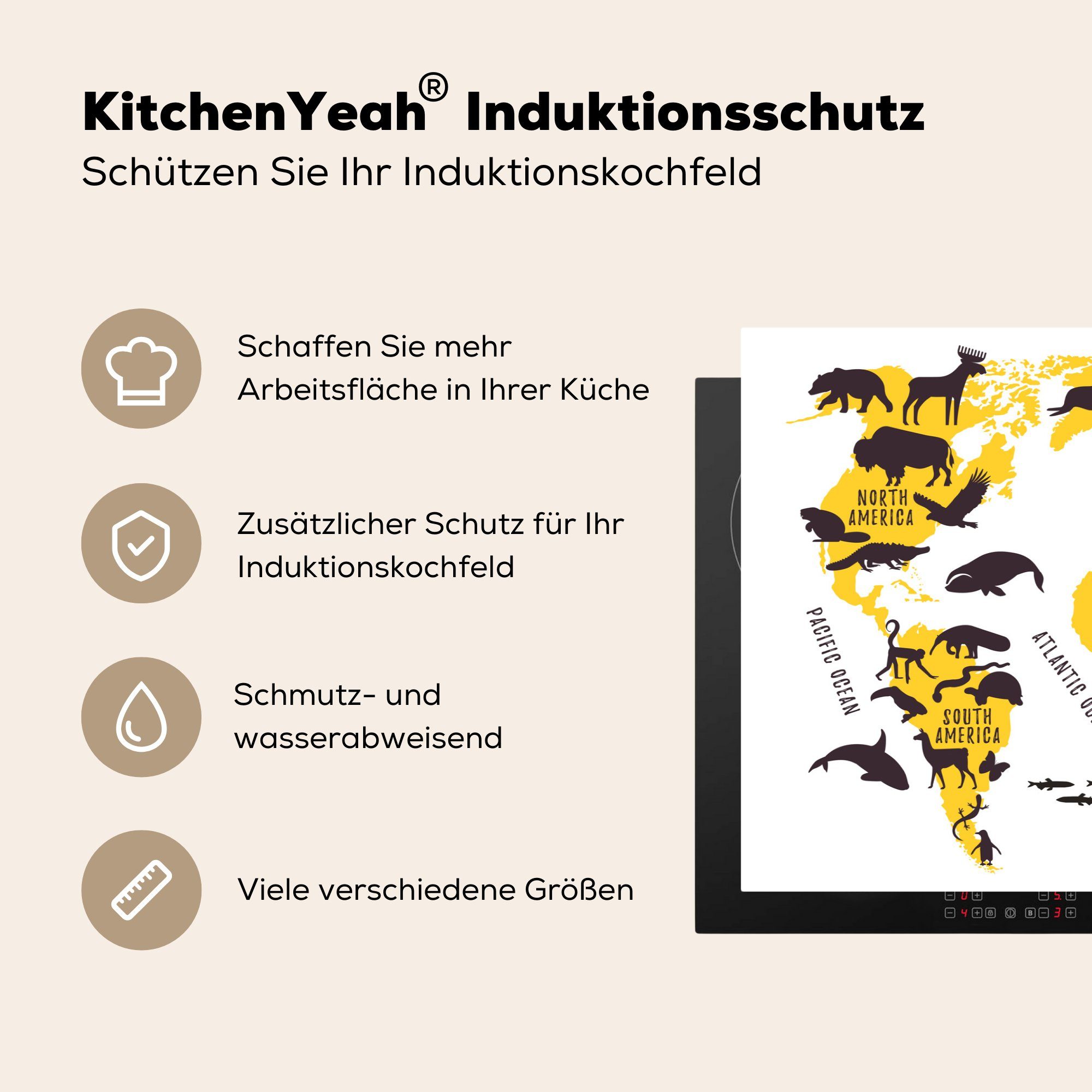 MuchoWow Herdblende-/Abdeckplatte Weltkarte - Gelb für Vinyl, 81x52 cm, tlg), Tiere, (1 küche, - die Ceranfeldabdeckung Schutz Induktionskochfeld